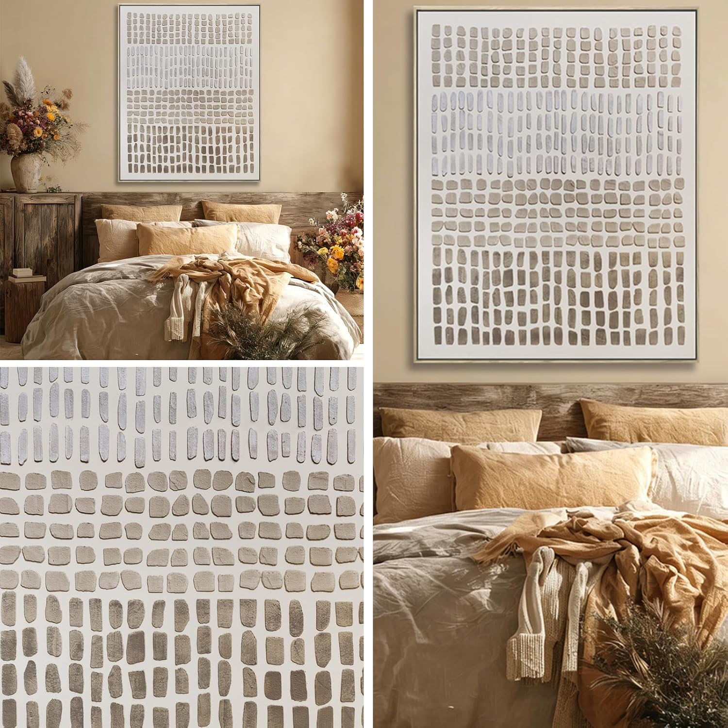 Neutral Beige Minimalist Abstract Wall Art, Mid Century Geometric Hand Painted Framed Canvas, Modern Textured Wall Decor for Living Room Bedroom Office, 32x40 Inch