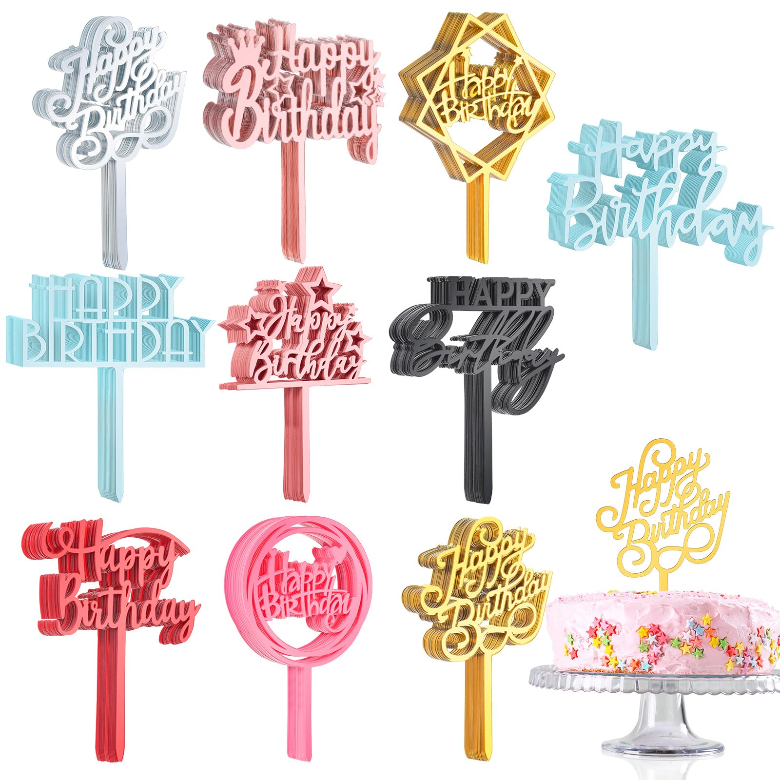Photo 1 of 150 Pcs Happy Birthday Cake Toppers Acrylic Cake Topper Glitter Birthday Cake Decorations Double Sided for Adults Various Cake Decoration Party Supplies(Multicolor,Lovely)