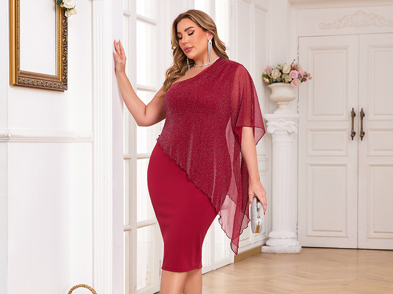 one shoulder cape dress plus size SOLERSUN Plus Size Brown Autumn Elegant Women's Elastic Satin Glossy One Shoulder Cape Sleeve Asymmetrical Hem Bodycon Mini Dress For Cocktail Party
