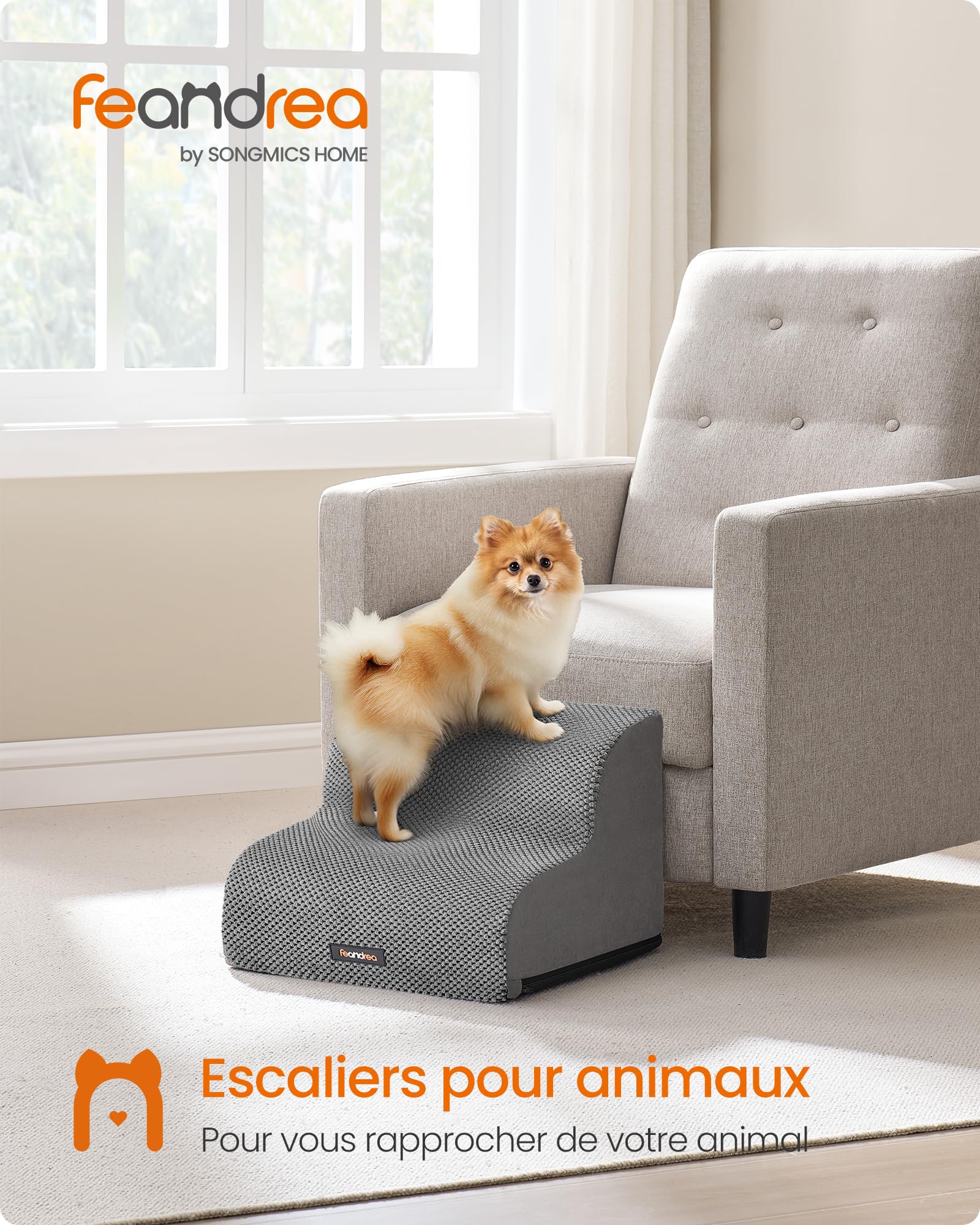 Feandrea Escalier pour Chien, à 2 Marches, Velours Gaufré, Marches pour Chien, Lit, Canapé, Imperméable, Design Antidérapant, Pente Douce, Housse Amovible Lavable, Poignée, Gris Tourterelle PPS012GD01