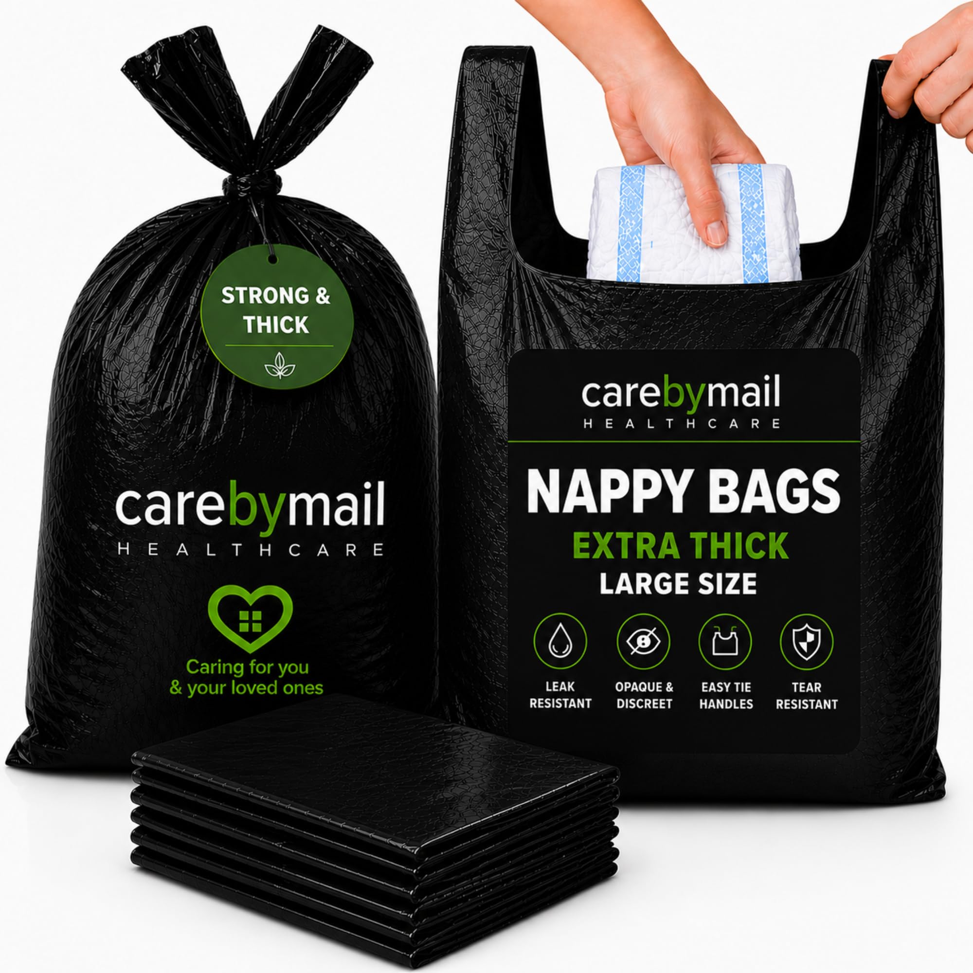 1000 x Adult Incontinence Disposal Bags with Tie Handles - Black Opaque Leak Resistant Hygiene Bags for Adult Nappies, Pull Up Pants, Incontinence Pads, Maternity Pads, Care Homes (10 Packs of 100)