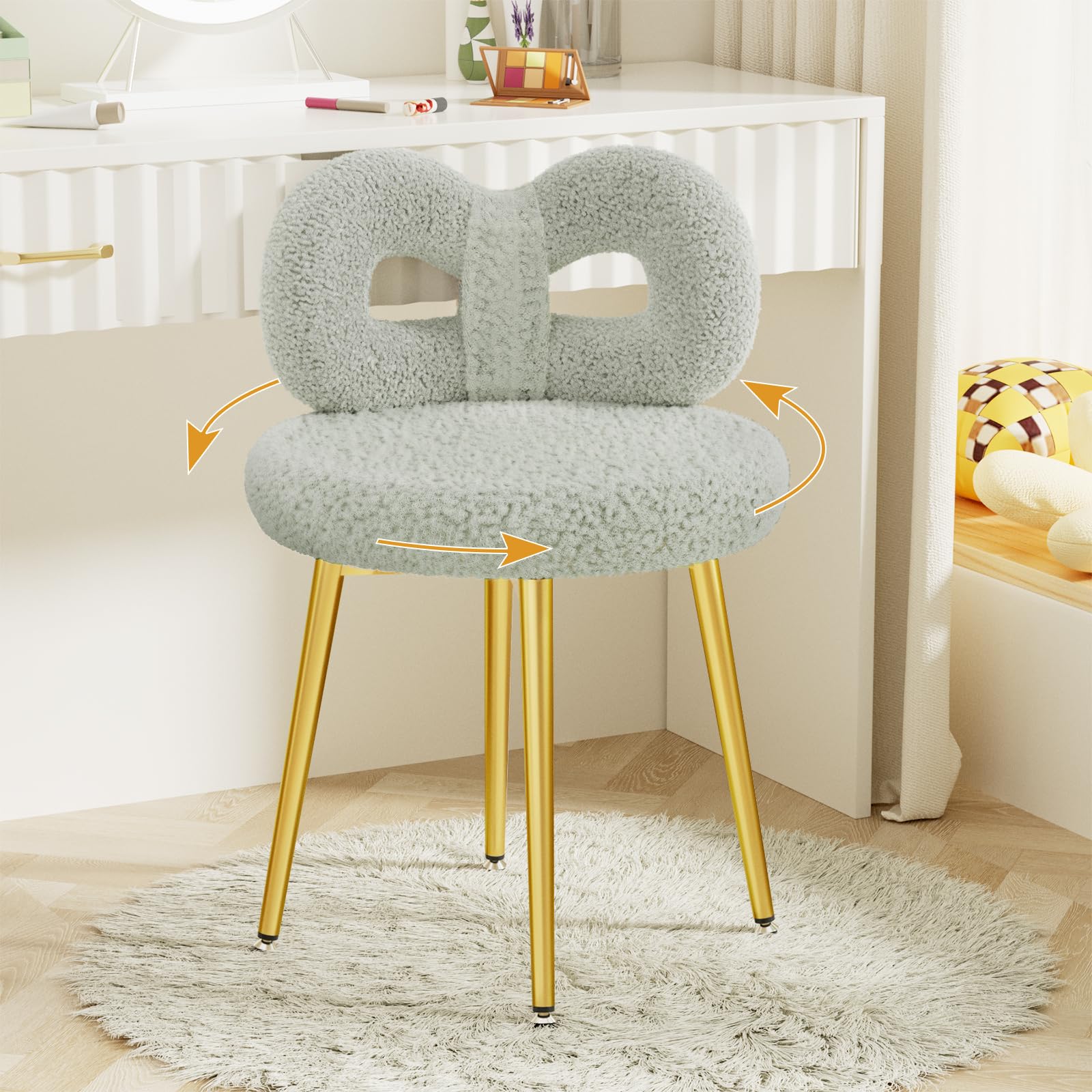ROOMTEC Swivel Vanity Chair with Back, Upholstered Desk Chair for Girls, Modern Makeup Vanity for Bedroom, Living Room (Grey with Golden Leg)