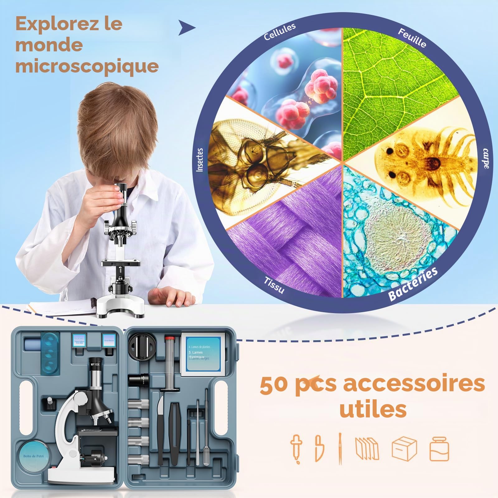 Microscope Enfant Kit Scientifique 100X-1200X: Microscope Adolescent Découverte Biologique STEM - Set de Science avec Lame, Boîte de Transport - Cadeau Éducatif 5-12 Ans