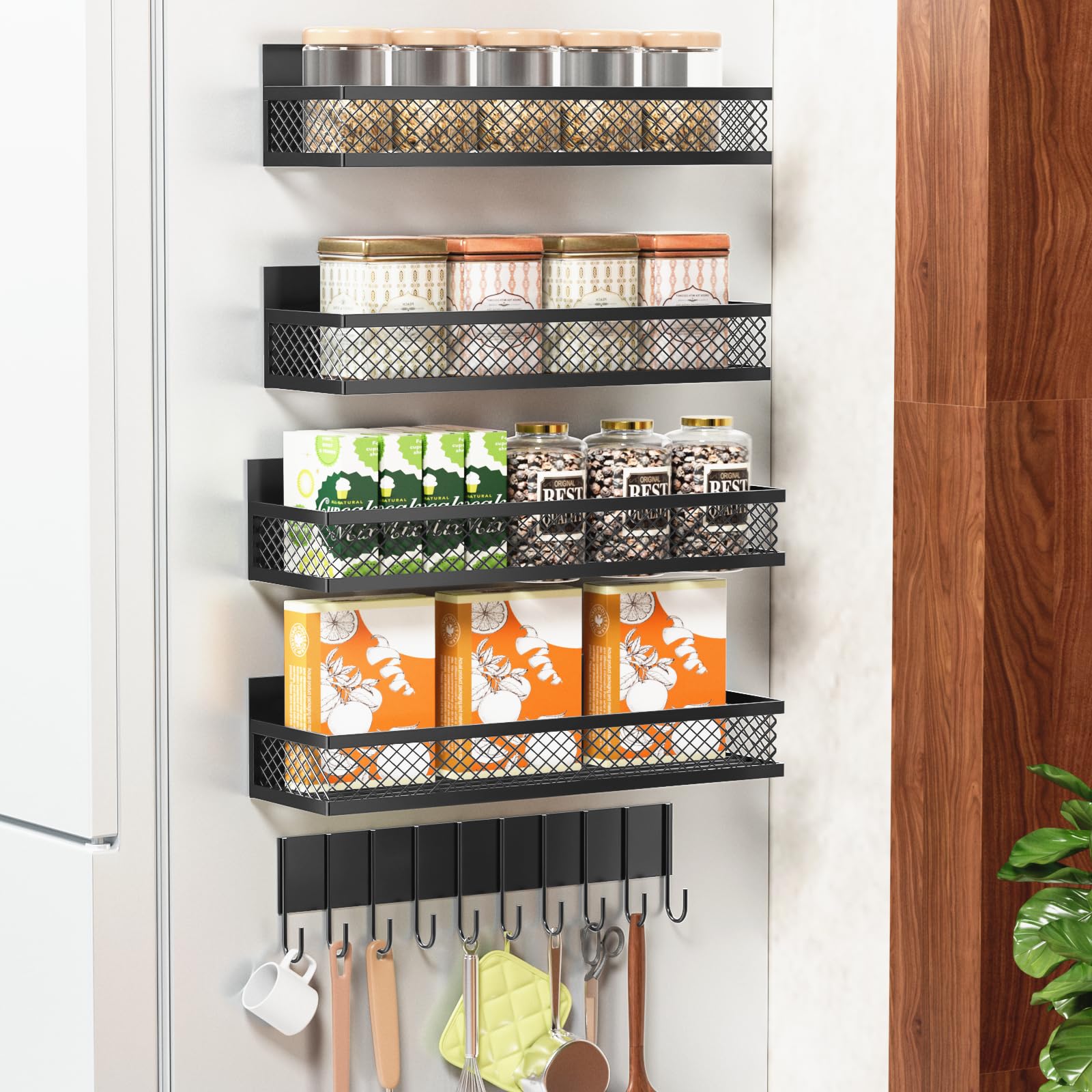 Magnetisches Gewürzregal für Kühlschrank, 5 Stück, magnetisches Regal für Kühlschrank, beweglicher Kühlschrank, magnetische Gewürzregale mit 10 Haken, für Küchenorganisatoren und Aufbewahrung