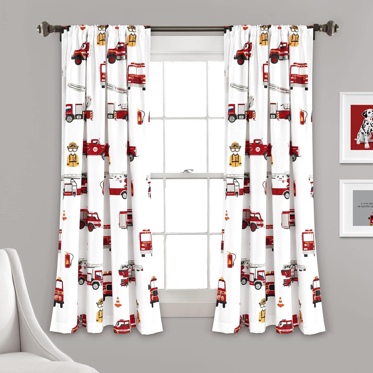 Lush Decor Fire Truck Window Curtain Panel, Pair, 52" W x 63" L, Red & White - Curtains for Kids Room