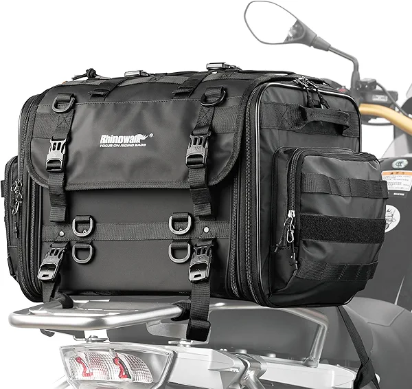 Rhinowalk Motorcycle Tail Bag, Expandable Motorcycle Travel Luggage Bags 60L, Waterproof All-Weather Trunk Rack Bag with Sissy Bar Straps & Helmet Rain Cover-Black