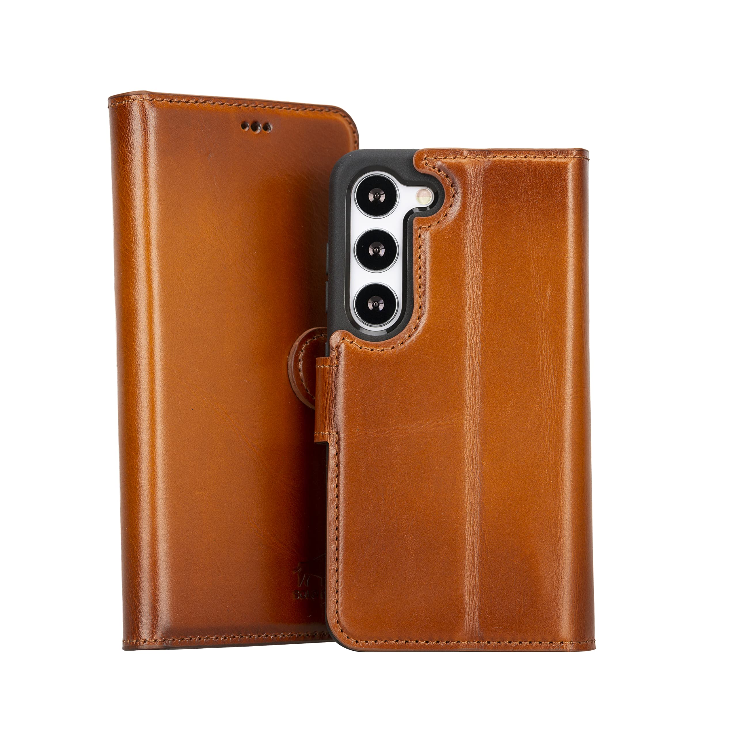 Solo Pelle Lederhülle Harvard kompatibel für das Samsung Galaxy S24 Ultra inklusive abnehmbare Hülle mit integrierten Kartenfächern (Cognac Braun)