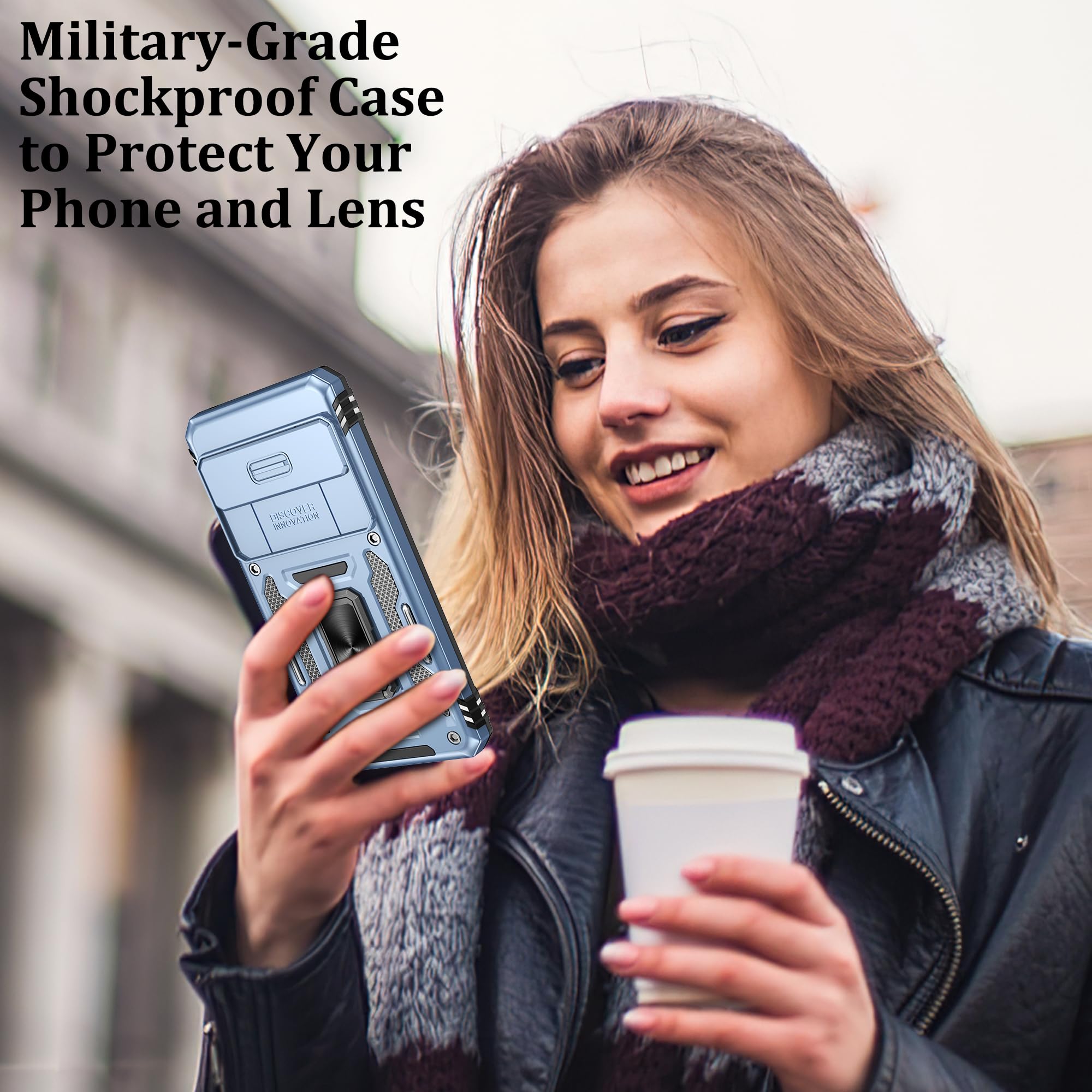 Jshru - Custodia per Google Pixel 8 con pellicola protettiva per lo schermo [confezione da 2] e custodia per fotocamera scorrevole, custodia antiurto di grado militare per Pixel 8, con cavalletto ad