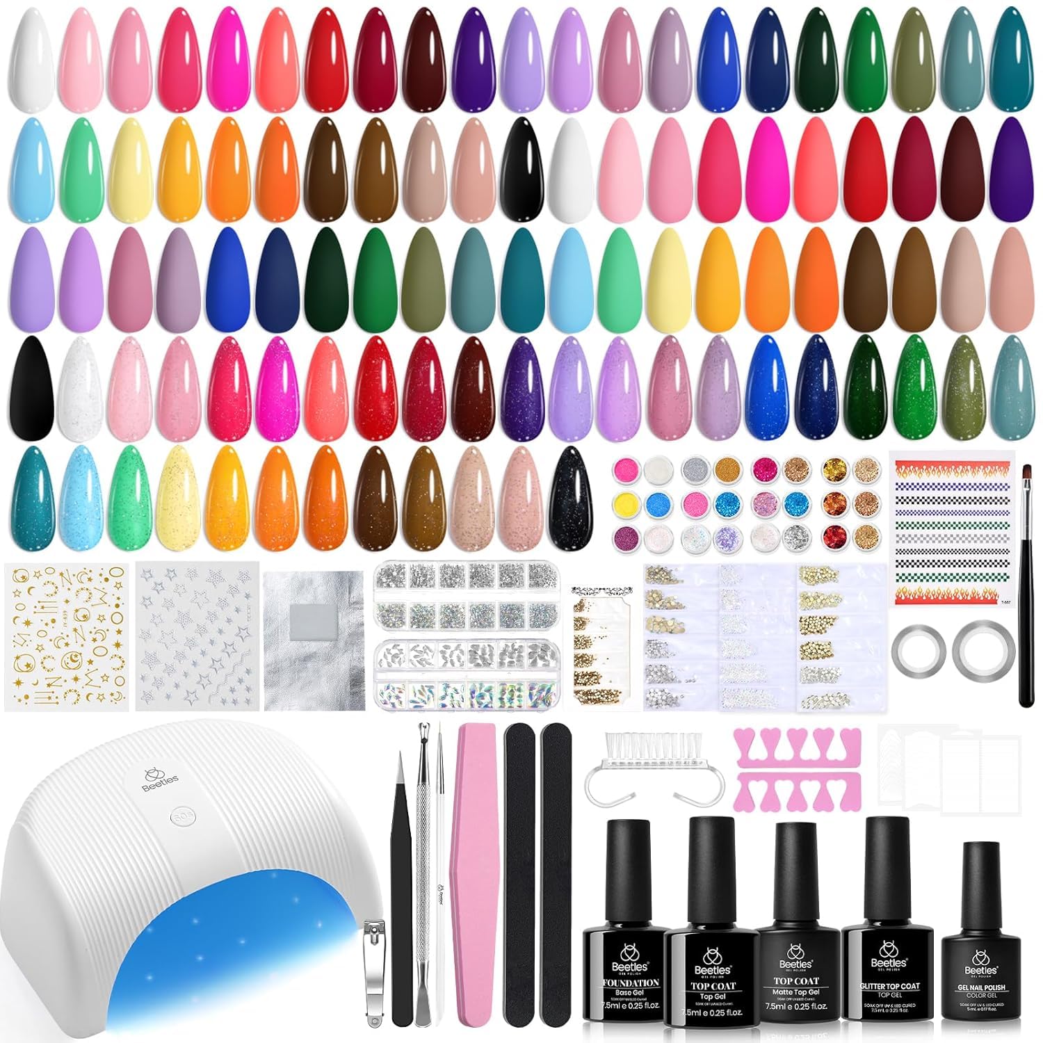 Beetles Gel Nail Polish Kit with U V Light - 53 Pcs Emotional Spectrum Pro 32 Colors Gel Nail Kit with Base &Matte &Glossy Top Coat and Tools Decoration Manicure Set Soak Off Gifts for Women Girls