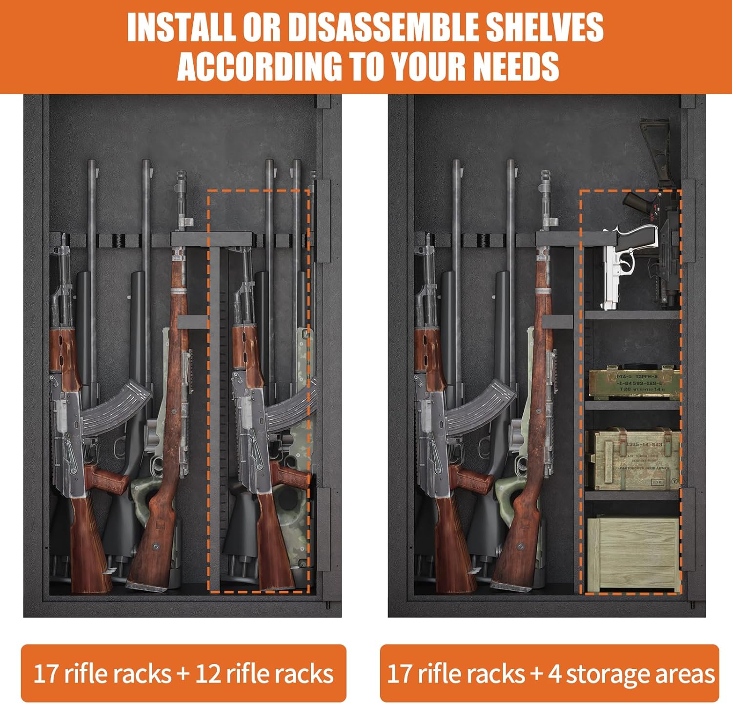 2026 Large Rifle Safe, 30-40 Gun Safe for Rifle and Shotgun/Rifle Pistol Rack/Storage Pocket/Removable Shelf/Silent Mode/External Battery/LED,180° Open Door Panel Organizer Gun Cabinet (Black&White)
