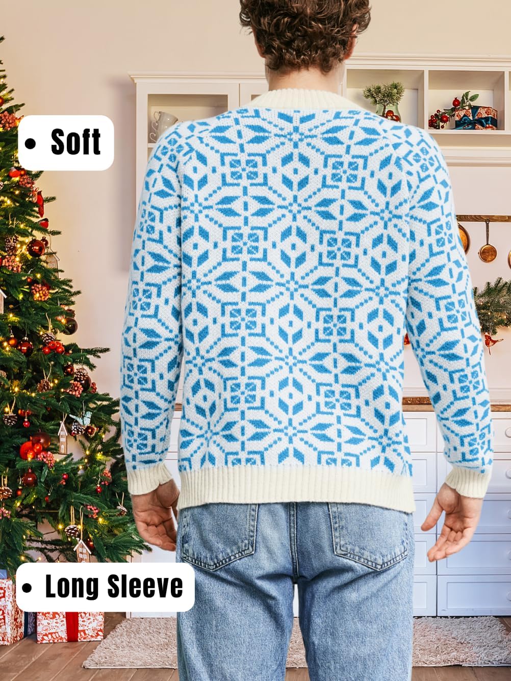 Men's Nordic Snowflake Chunky Sweater, Mock Neck Knit Pullover for Winter & Holiday Season - Image 4