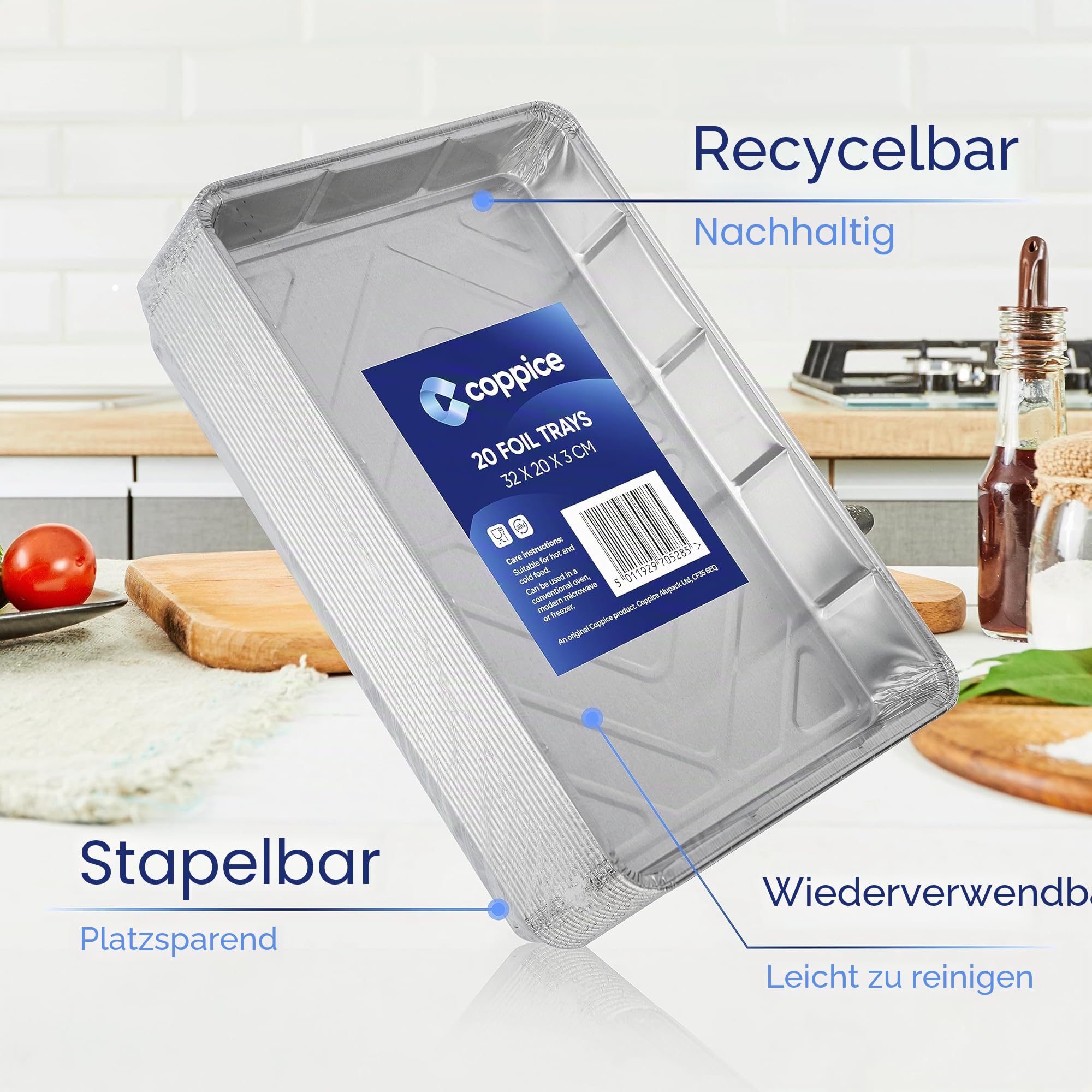 Coppice Aluschalen 32x20x3 cm – 20 Stück | Einweg Backformen für Backen, Grillen, Braten & Aufbewahren | Gefrier-, Heißluftfritteusen- & Ofenfest | 100% recyclebar