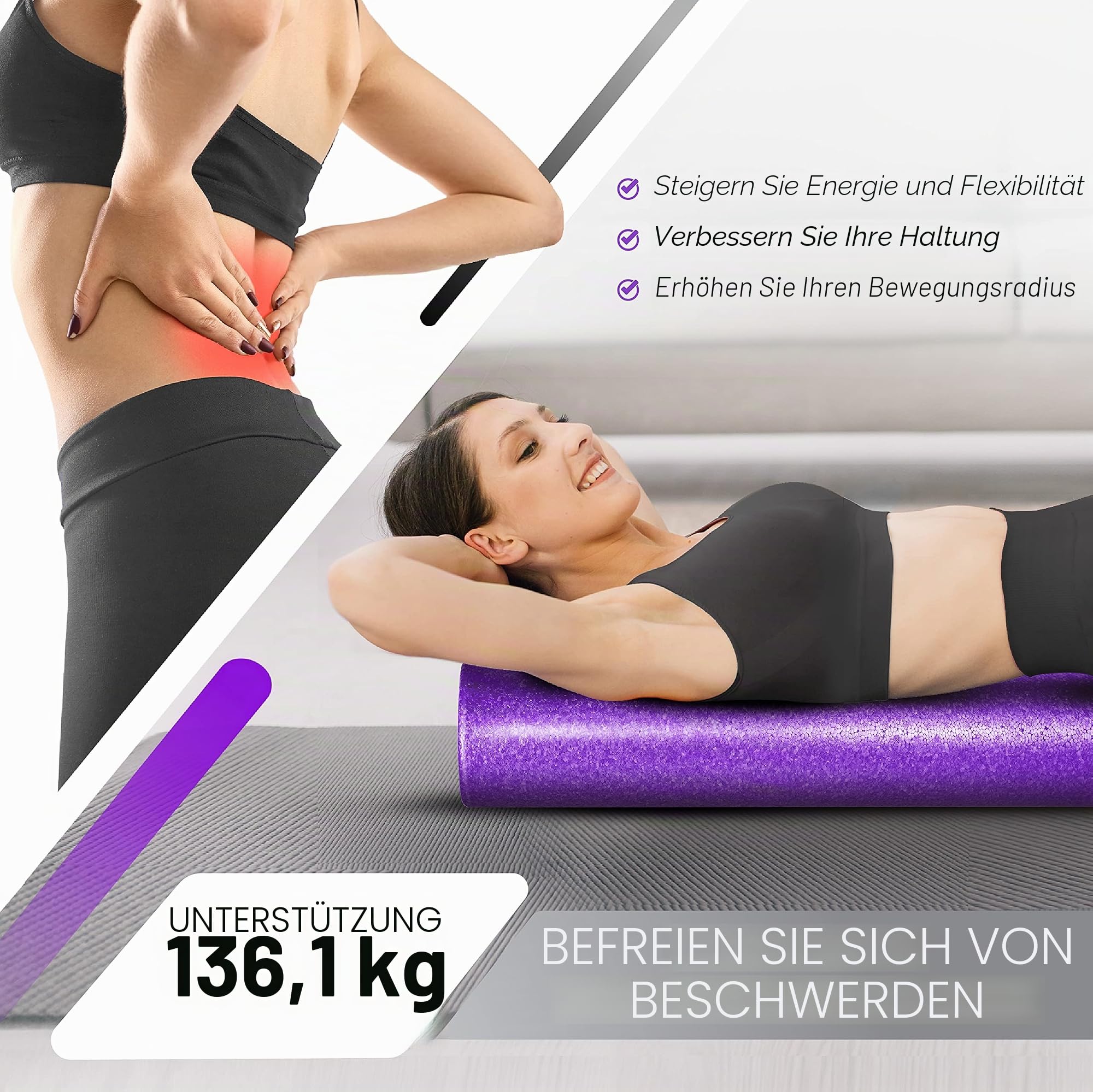 Yes4All Hochdichter EPP Runder Rücken-Foam Roller, Trainingsrolle für Yoga, Pilates & Dehnen – 30, 45, 60, 90 cm