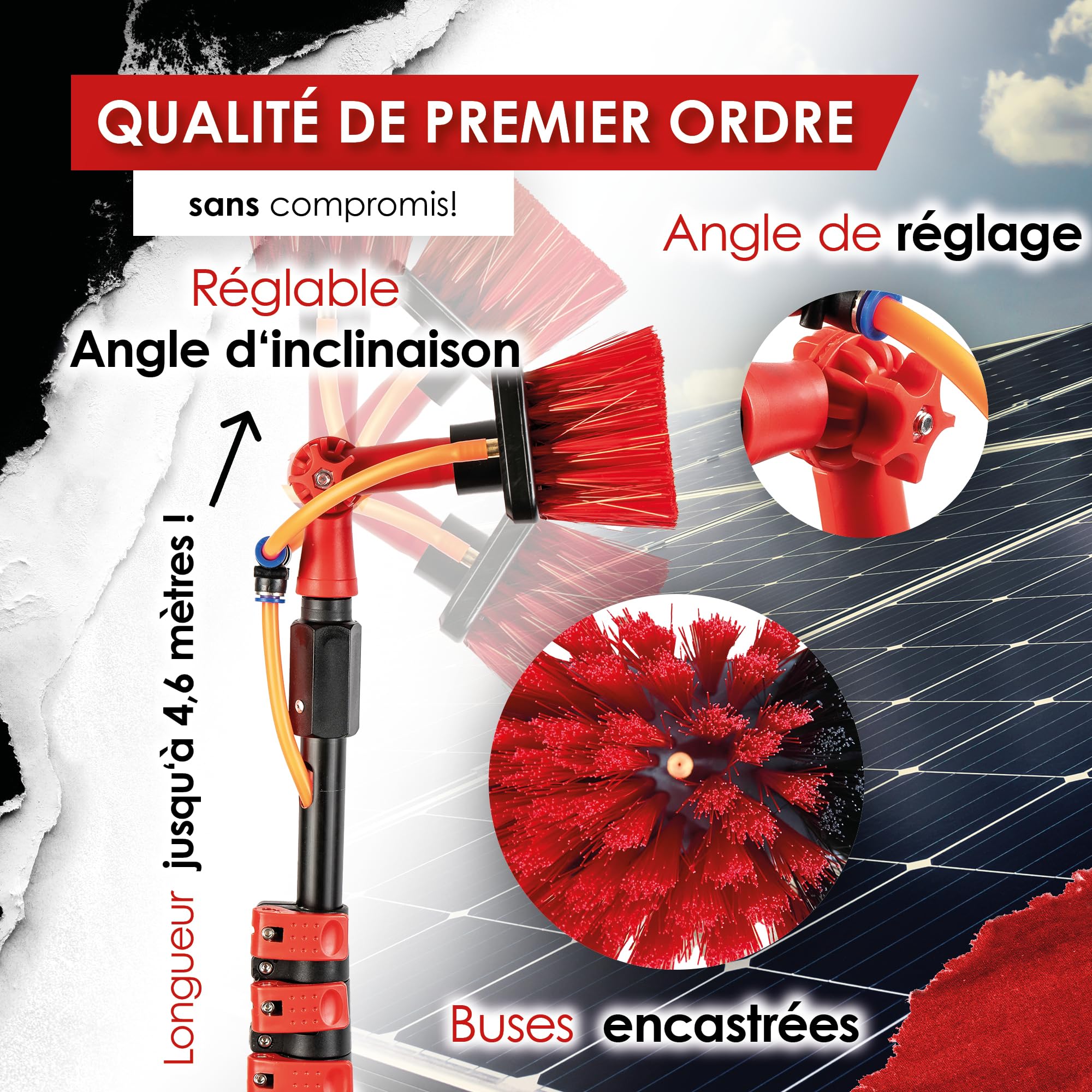 BoomDing Perche Télescopique Nettoyage Panneaux solaires, Extensible à 4,60 metres, Brosse telescopique toiture avec Tuyau Intérieur Balai telescopique pour Toit
