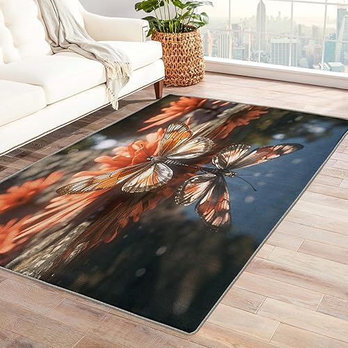 Alfombra de mariposa de 3 x 4 pies, alfombras de flores para entrada, dormitorio, sala de estar, lavable, antideslizante, suave, alfombra pequeña de