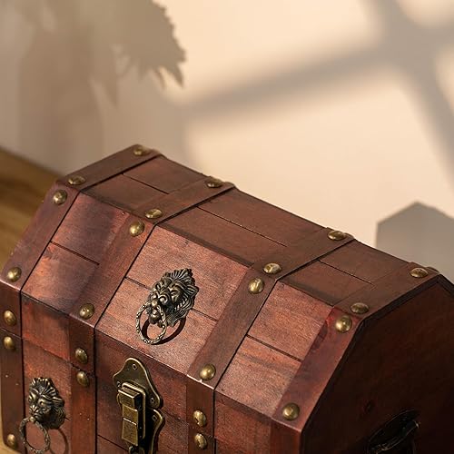Miniatura 7 de Cofre del tesoro pirata hecho a mano con pestillo, baúl de almacenamiento de madera vintage y caja del tesoro con tapa con bisagras, caja de