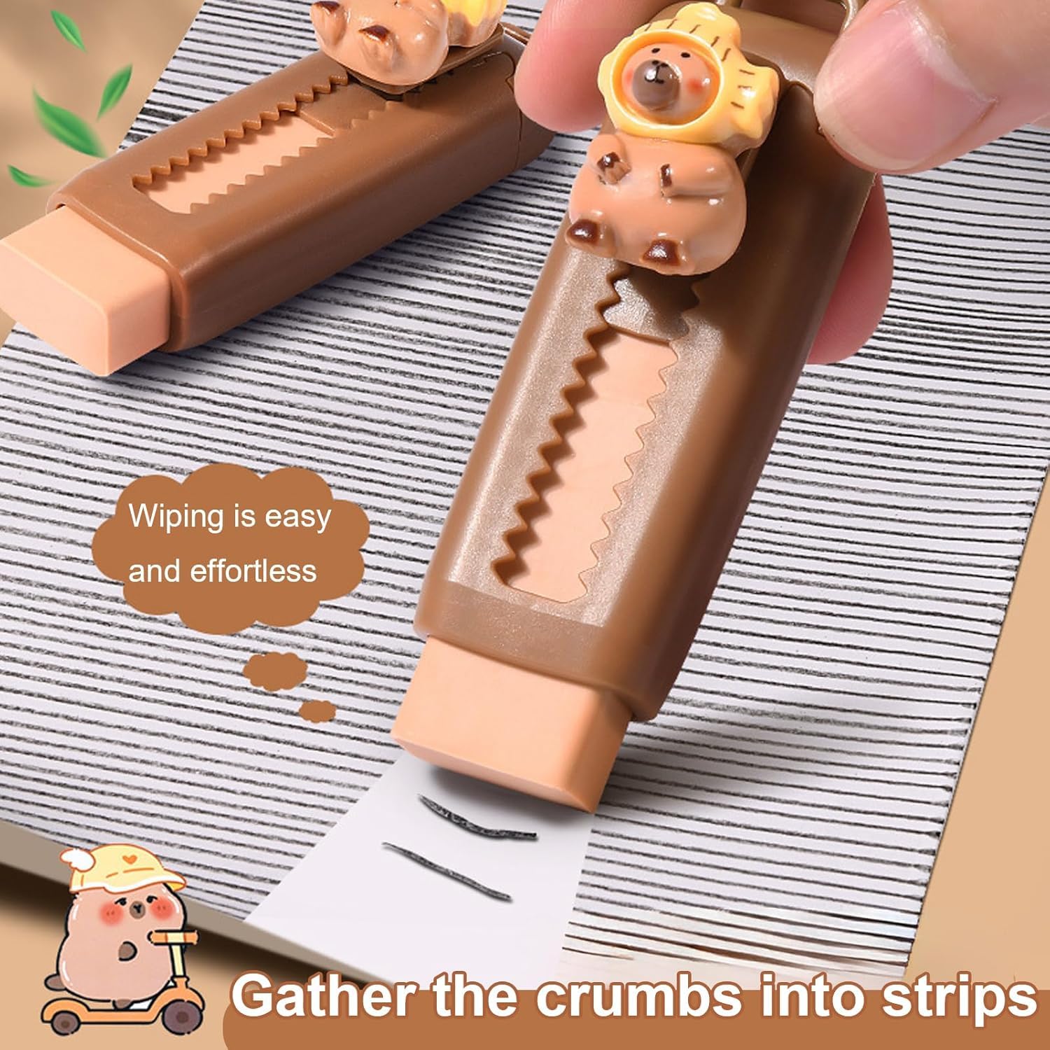 Gommes Capybara Rétractables - Gomme à Effacer Coulissante pour Enfants, Mécanisme Push-Pull, Fournitures Scolaires Originales