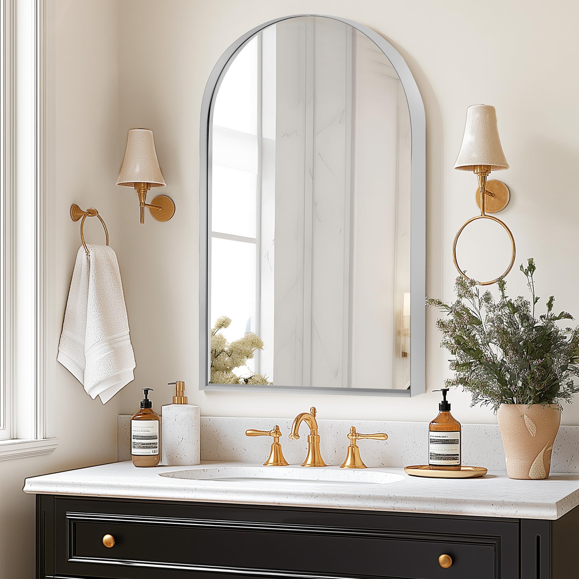 sogesfurniture Recessed Bathroom Medicine Cabinet, 36"x24", Arched, Wall Cabinet with Beveled Mirror, Aluminum Frame, Silver