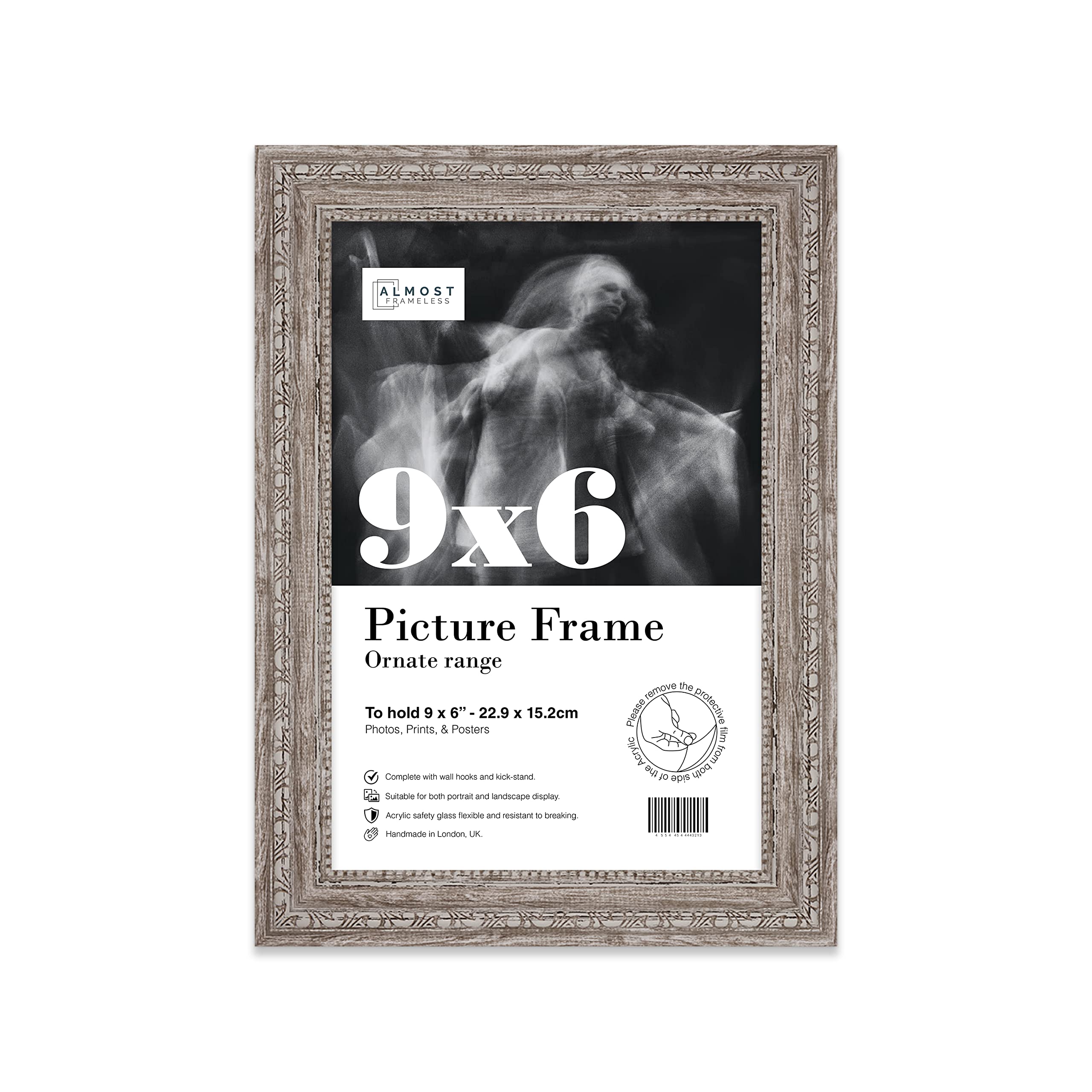 Almost Frameless 9x6 Walnut Ornate Picture Frame 9"x6"(22.9x15.2cm) Poster, Photo, Artwork, or Print. Baroque Style Portrait and Landscape Display with Wall Hooks