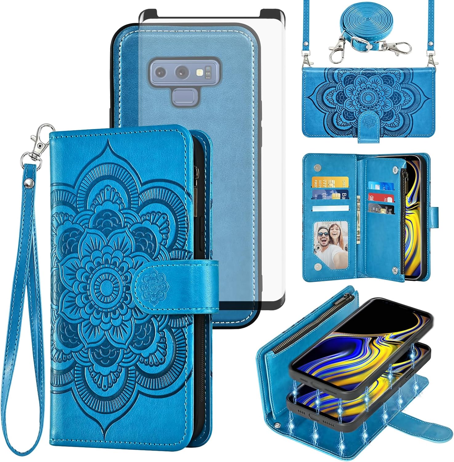 Asuwish Phone Case for Samsung Galaxy Note 9 Zipper Wallet Magnetic Detachable Cell Cover with Tempered Glass Screen Protector Crossbody Strap Mandala Flower Card Holder Note9 Not S9 Women Girls Blue
