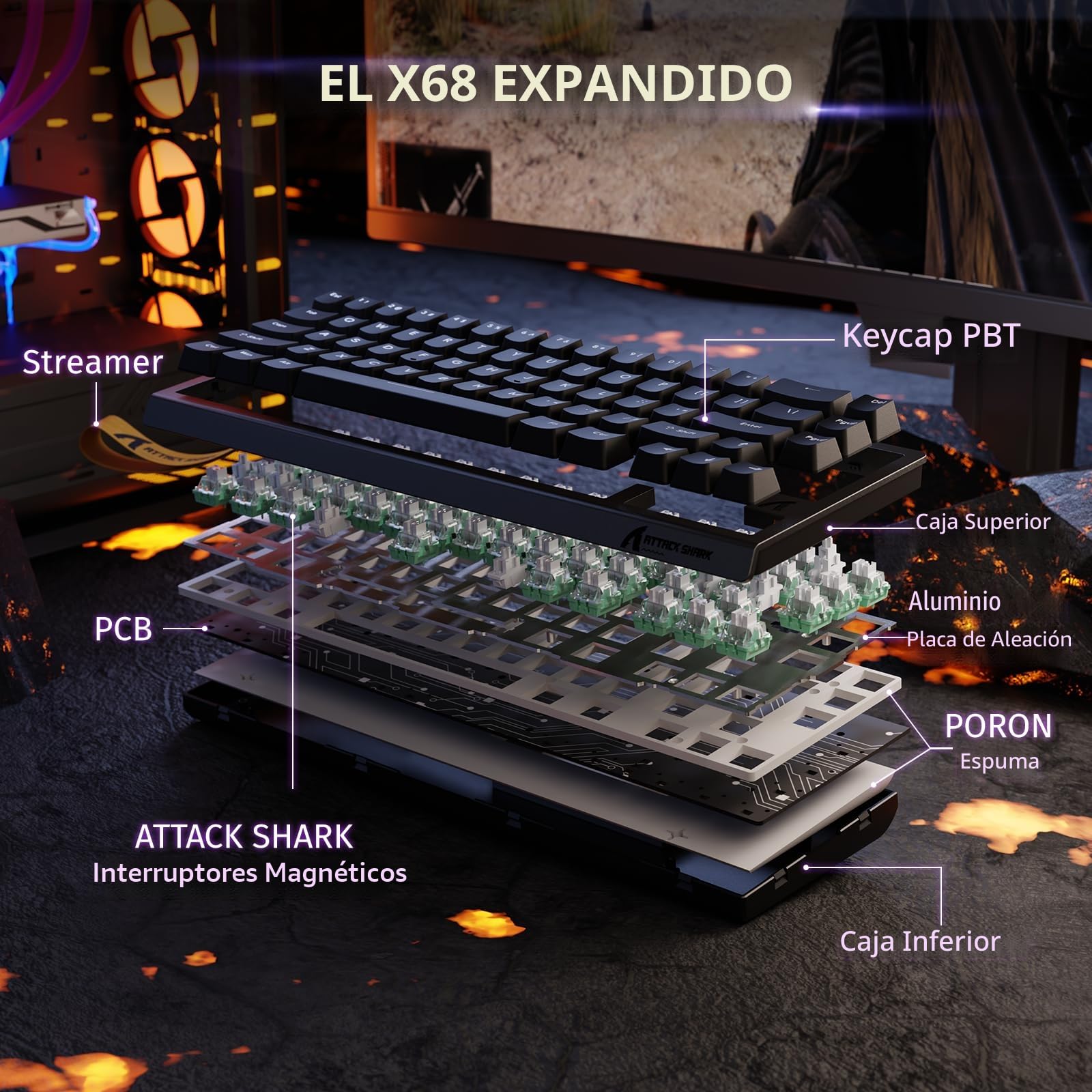 ATTACK SHARK X68 HE Teclado 8000Hz Rapid Trigger, Teclado Gaming RGB con Interruptor Magnético de 60%, Precisión RT de 0,01 mm, Actuación Ajustable, Snap Tap, para PC/Mac, Negroa