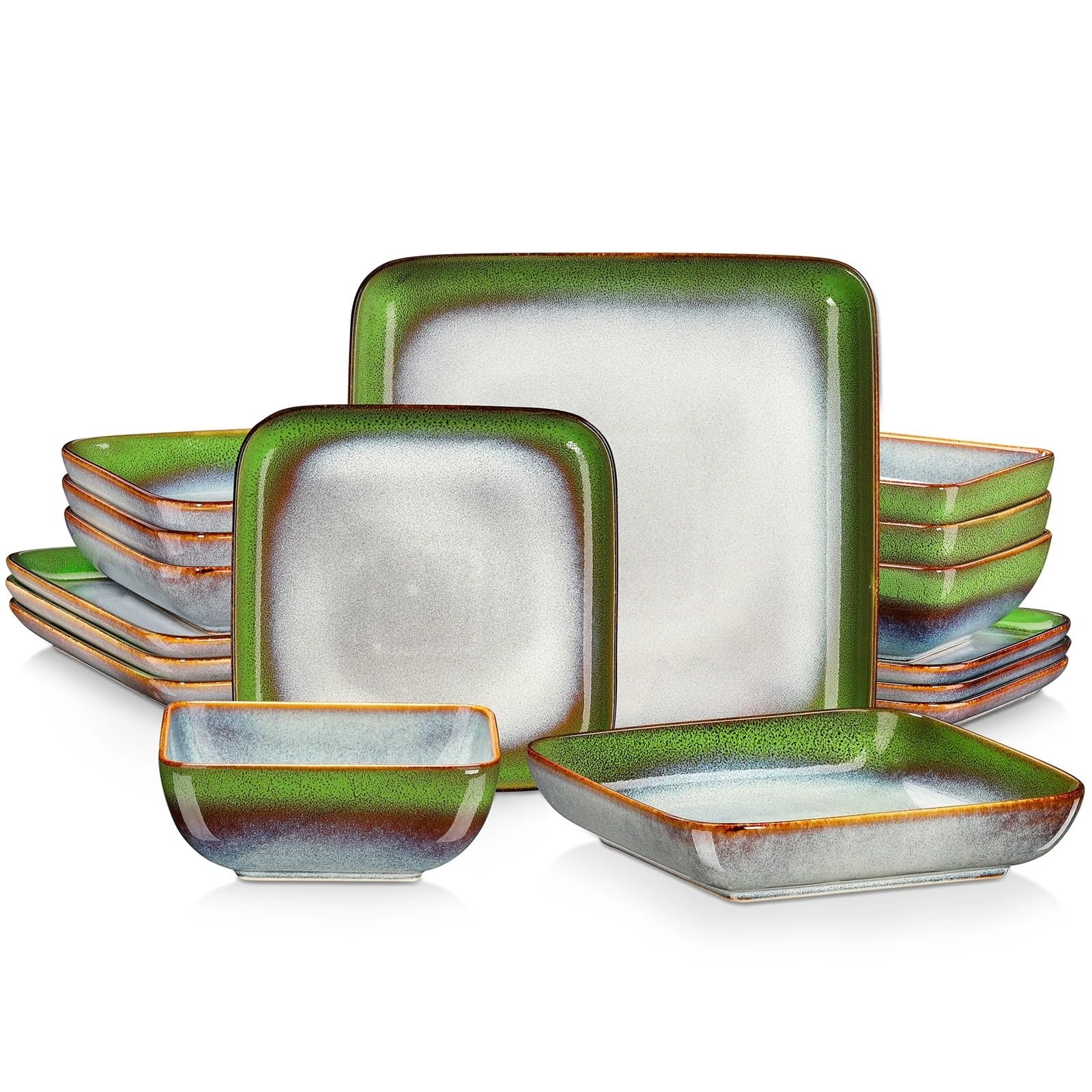 SAeWare Servizio da tavola in ceramica, set da tavola quadrato verde per cambiare forno smaltato, 16 pezzi stoviglie da cucina stoviglie in ceramica per 4 persone, colori misti, 16 pezzi