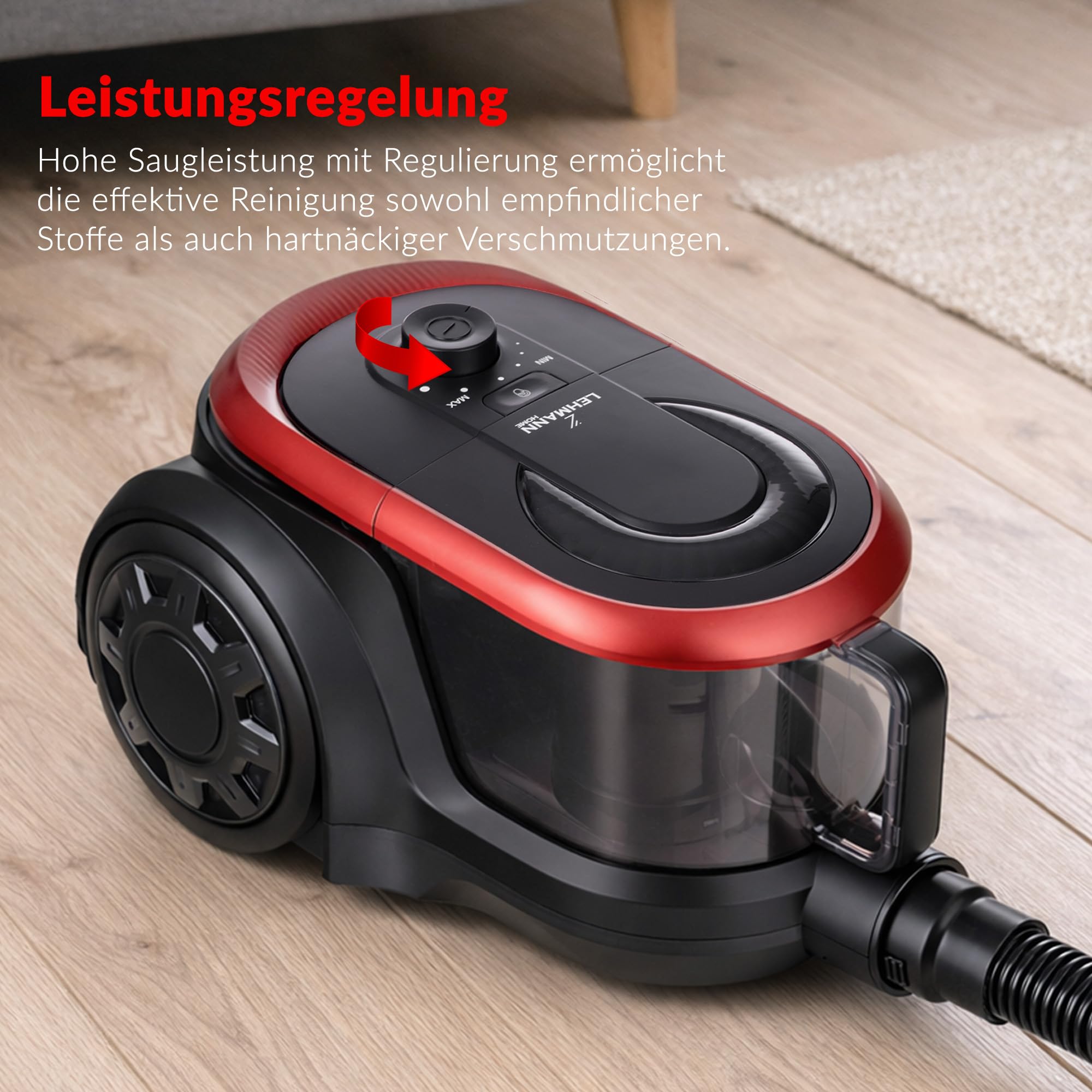 LEHMANN - Aspirador sin bolsa, tecnología ciclónica potente, doble filtro HEPA para alérgicos, capacidad 2,5 L, compacto, aspirador trineo para alfombras y suelos, juego de accesorios, negro/rojo
