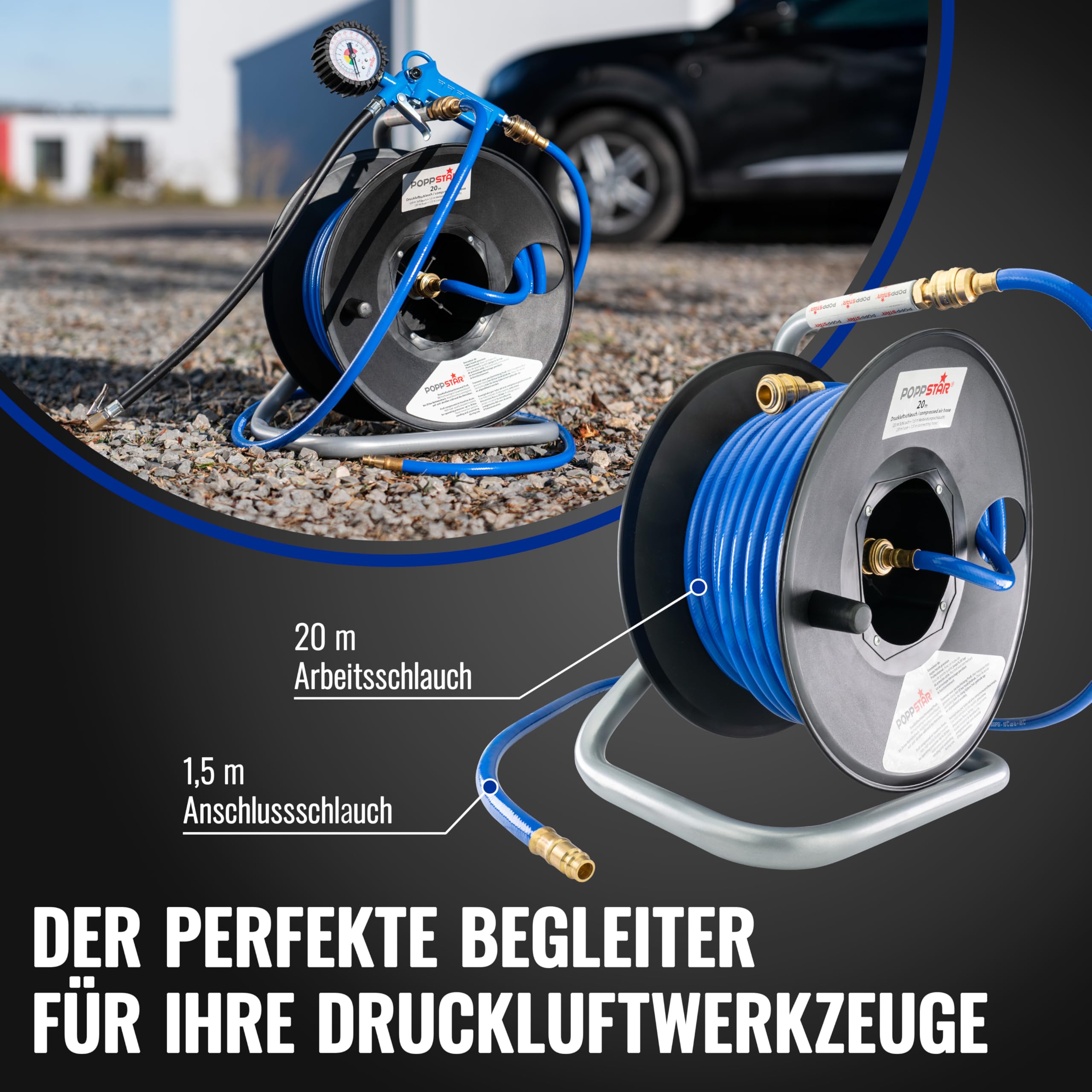 Poppstar Manuelle Druckluftschlauchtrommel aus PVC (20m+1,5m, Durchmesser (6x11,5mm)), Anschlüsse 1/4 Zoll BSPT