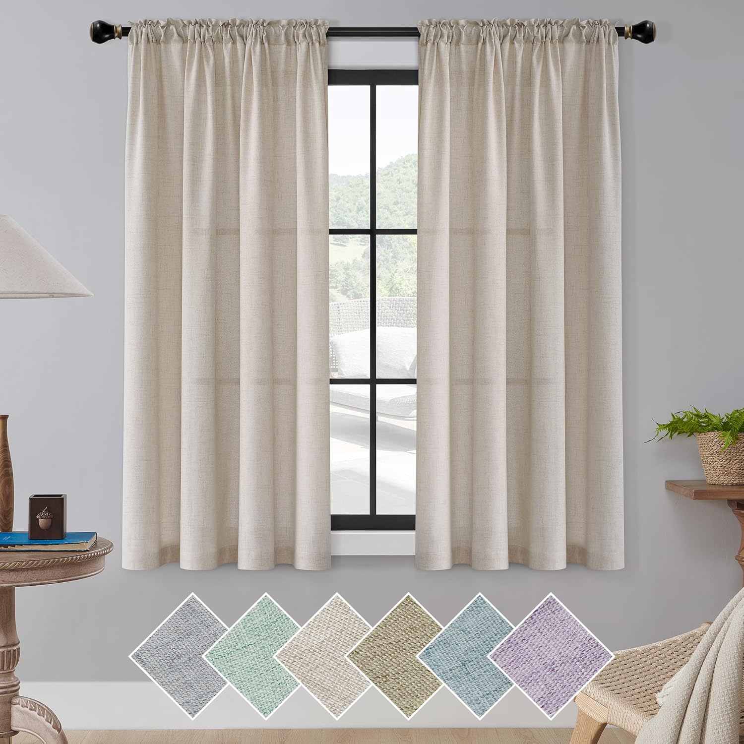 Elegant Linen Curtains for Living Room 2 Panels Set, Thick Sheer Curtains 63 Inch Length for Room Privacy, Eco-Friendly Perfect Vertical Drapes Rod Pocket Light Filtering Curtains,Natural