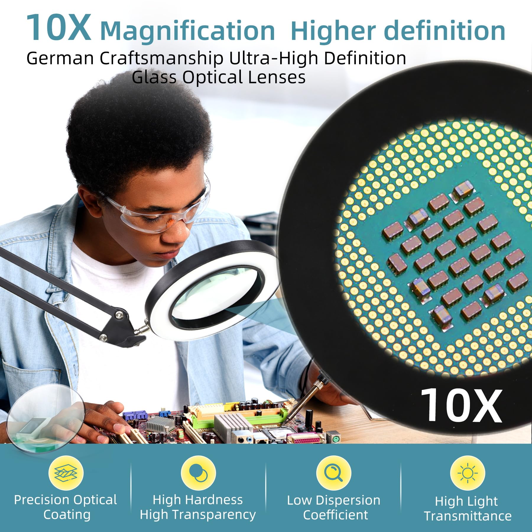 Glass Disc Magnifier CHENBEN 10X Magnifying Glass With Light Dimmable, LED Magnifying Lamp ...