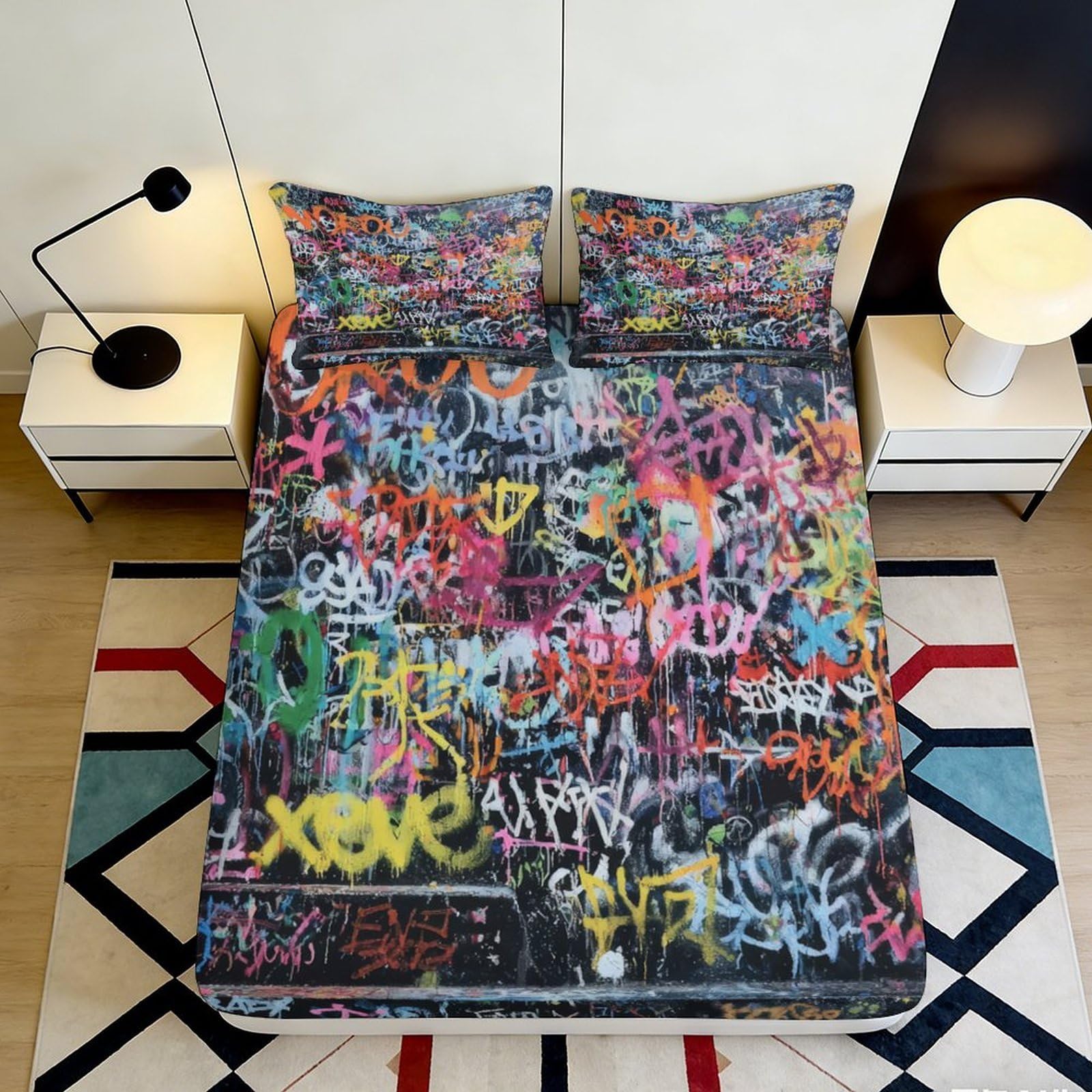 3D Printed Graffiti Art Fitted Sheet Microfiber Bedroom Decor Urban Style Mattress Cover for Home Dorm Guest Room 90x200x25cm