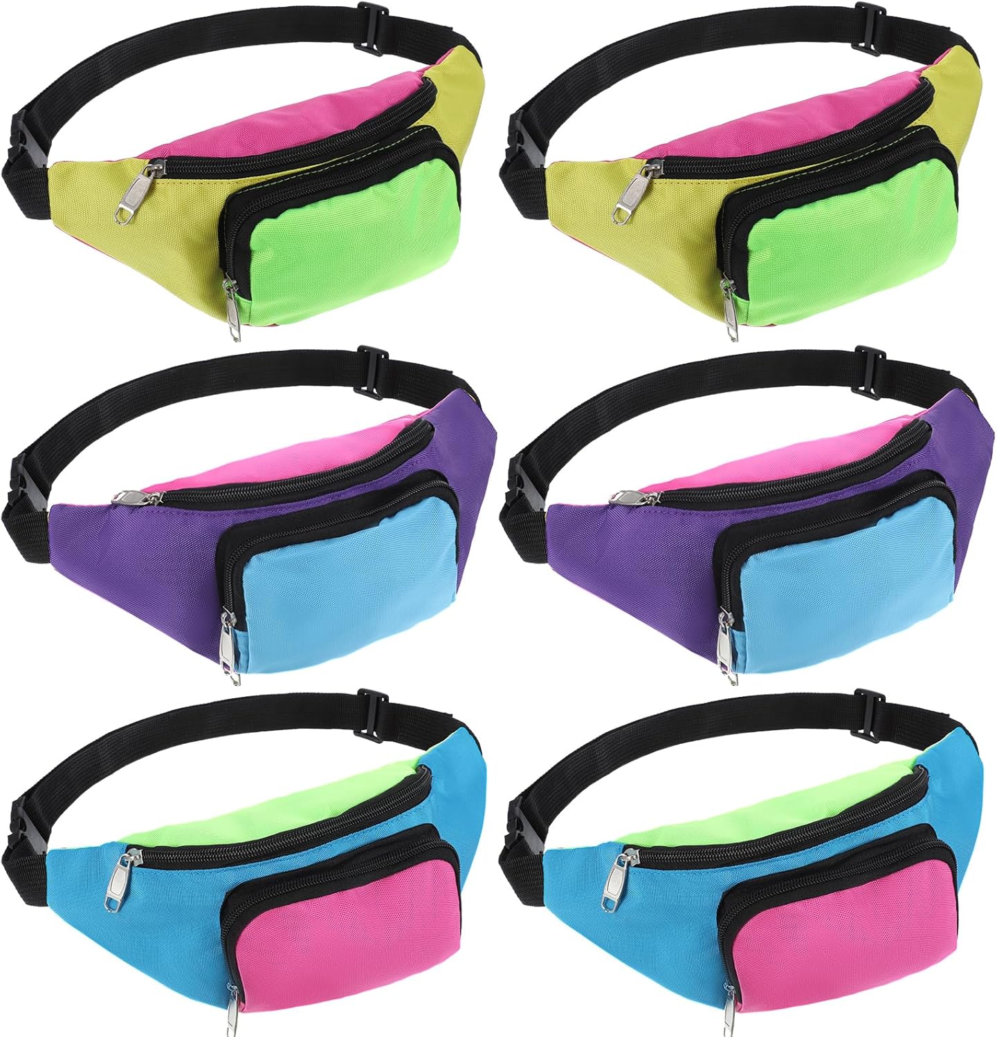 6 Pcs Retro 80s 90s Fanny Pack Retro Belt Bag 2 Pockets Neon Fanny Small Waist Packs for Jogging Traveling Party Costumes Holiday Festival 80s Theme Party
