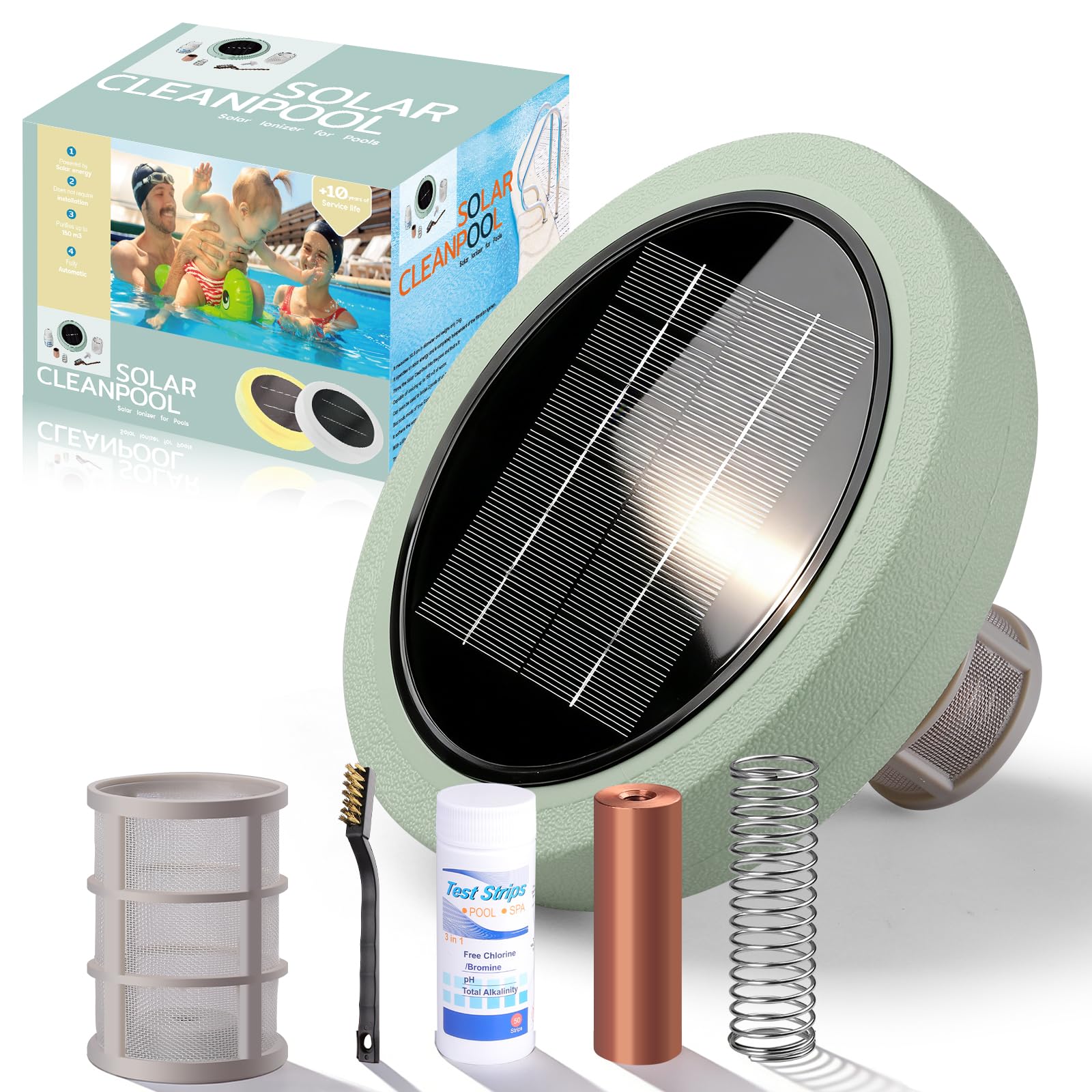 Ioniseur Solaire de Piscine, Nettoyeur D'ioniseur Purificateurde Piscine à Energie Solaire Clarificateur d'eau de Piscine Clarificateur de Piscine pour Jusqu'à 40000 Gal (Vert)