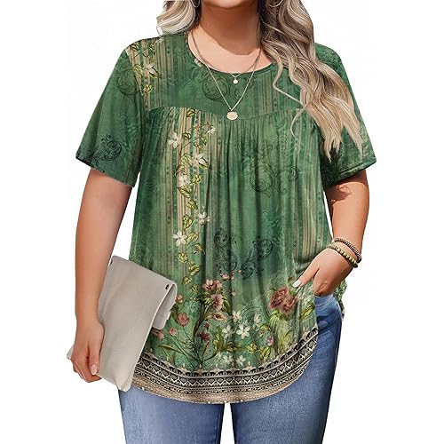 IN'VOLAND Womens Plus Size Tops Short Sleeve Tunic Crew Neck Shirts Summer Casual Loose Blouse 1X-5X