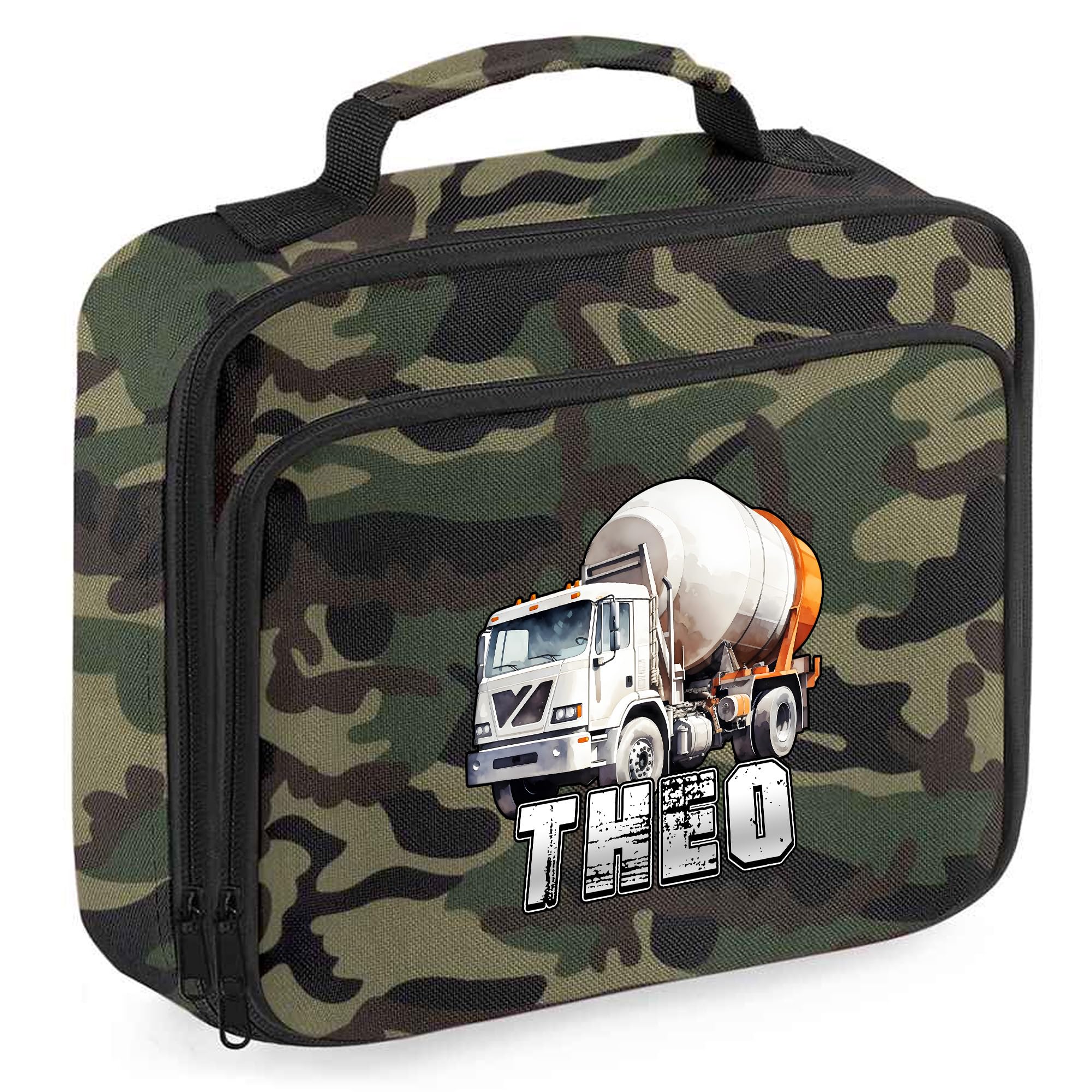 Purple Print House Boys Custom Cement Mixer Lunch Bag Personalised Name Construction Theme Kids Lunchbox Back to School Nursery Infant Gift, 24cm x 20cm x 8cm, Camo