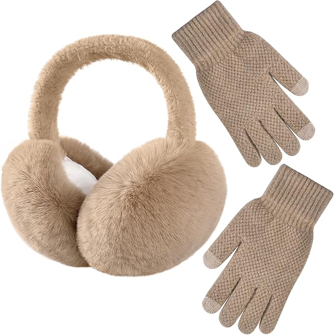 Pleneal Winter Ear Muffs Gloves for Women, Foldable Faux Fur Earmuffs Touchscreen Gloves Warmer Covers Headband Cold Weather
