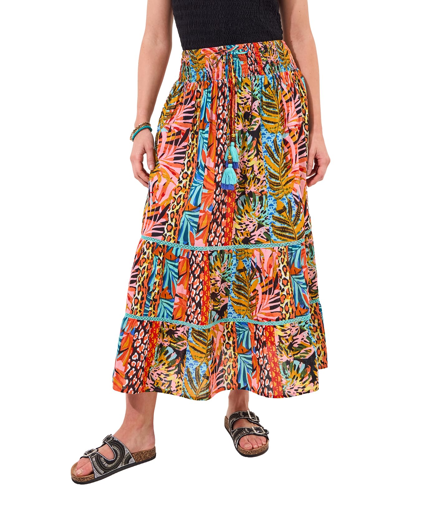 Joe Browns Women's Fashion Tropical Print Tiered Maxi Skirt, Regular Fit, Orange, UK 12