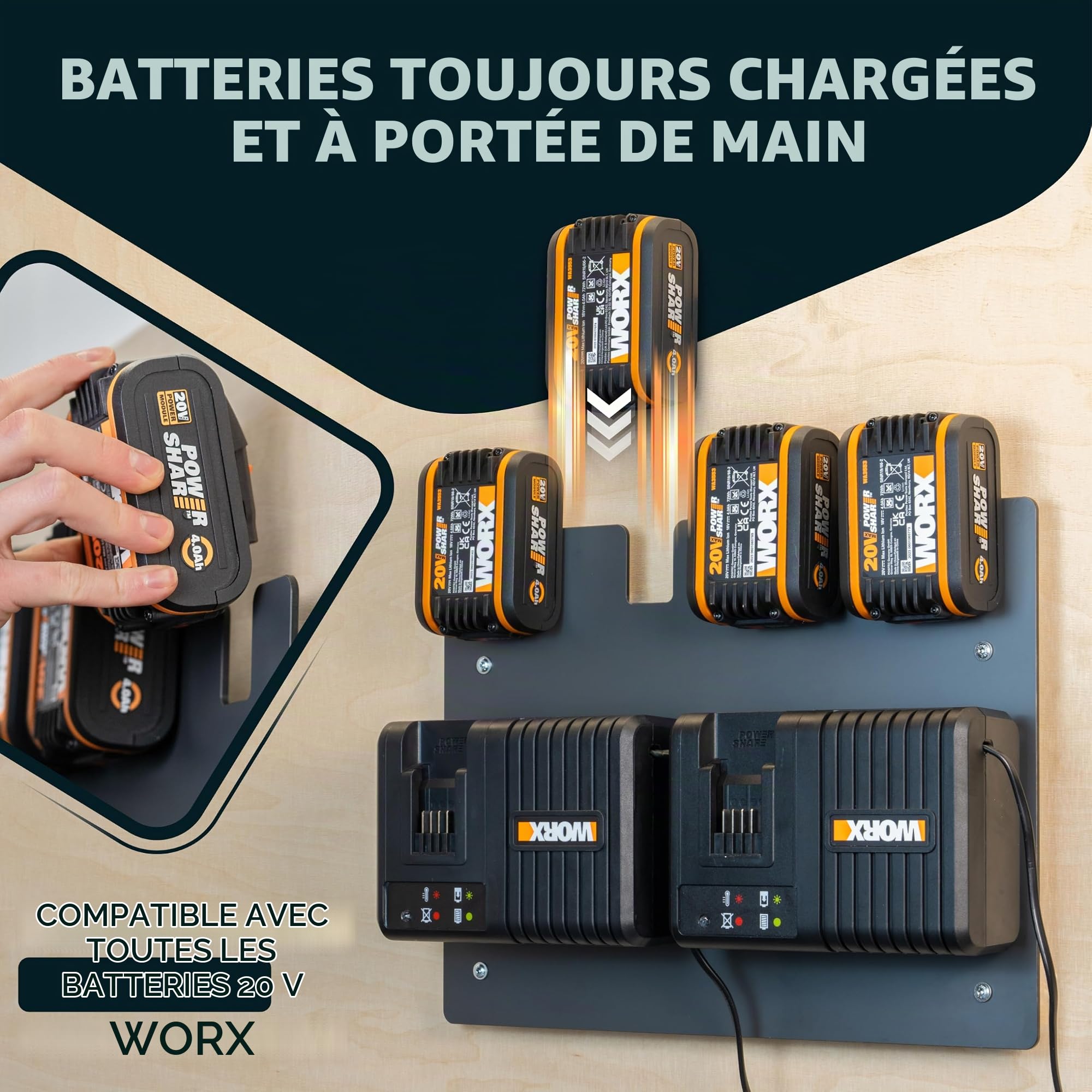 Wandfest® Worx Support mural pour 4 batteries et chargeurs Worx - Fabriqué en Autriche - Pour 4 batteries - Maintenant plus d'ordre dans l'atelier et le garage