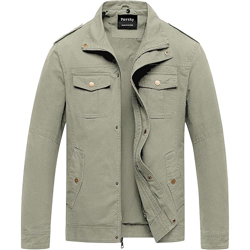Pursky Men's Military Jacket Casual Washed Cotton Hooded Canvas Coat Fall Coat