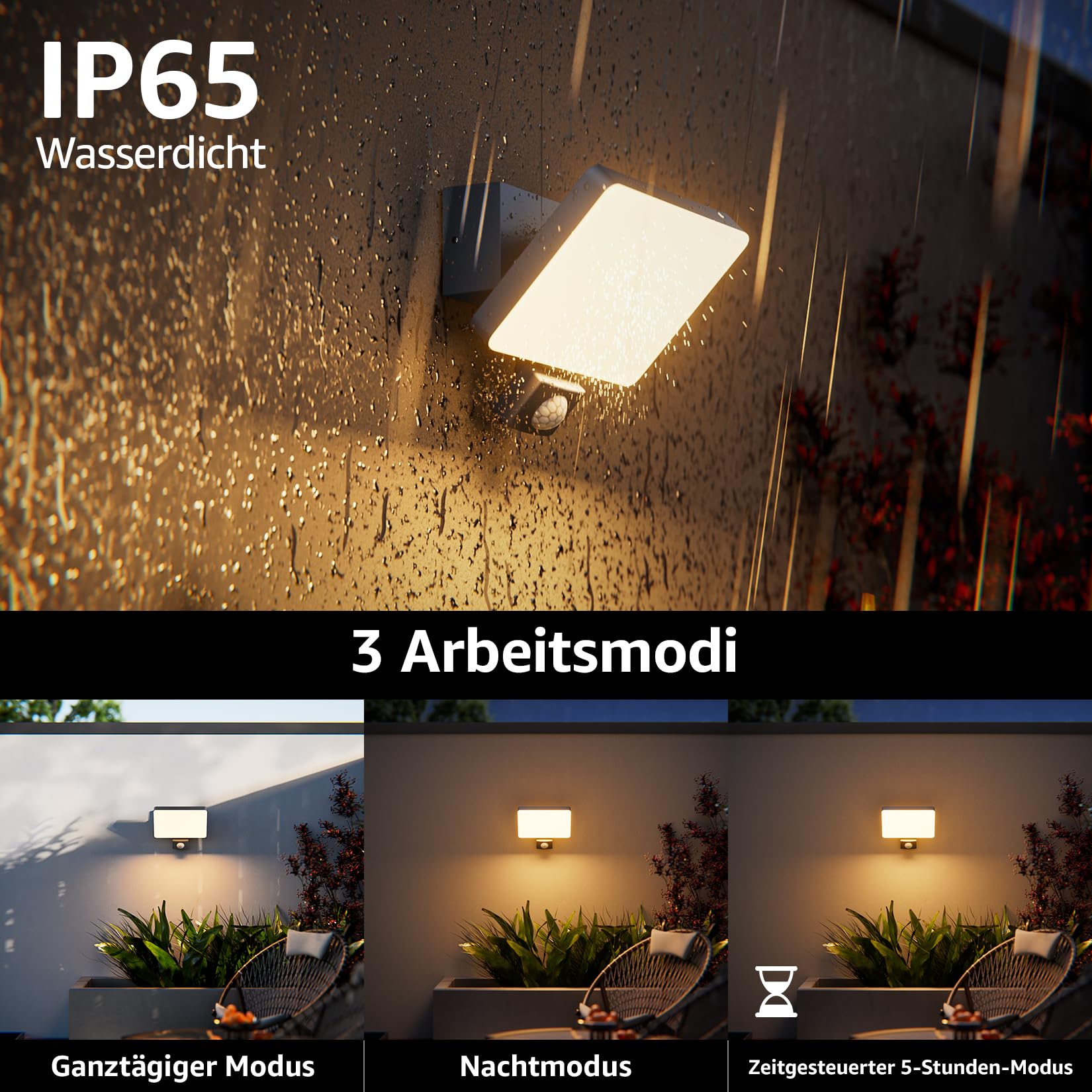 K-Bright Außen Wandleuchte mit bewegungsmelder Anthrazit RAL 7016 | Warmes Licht aussenlampe mit bewegungsmelder aus Aluminium, 24W IP65 wasserdicht außenleuchte für Balkon, Garage, Garten