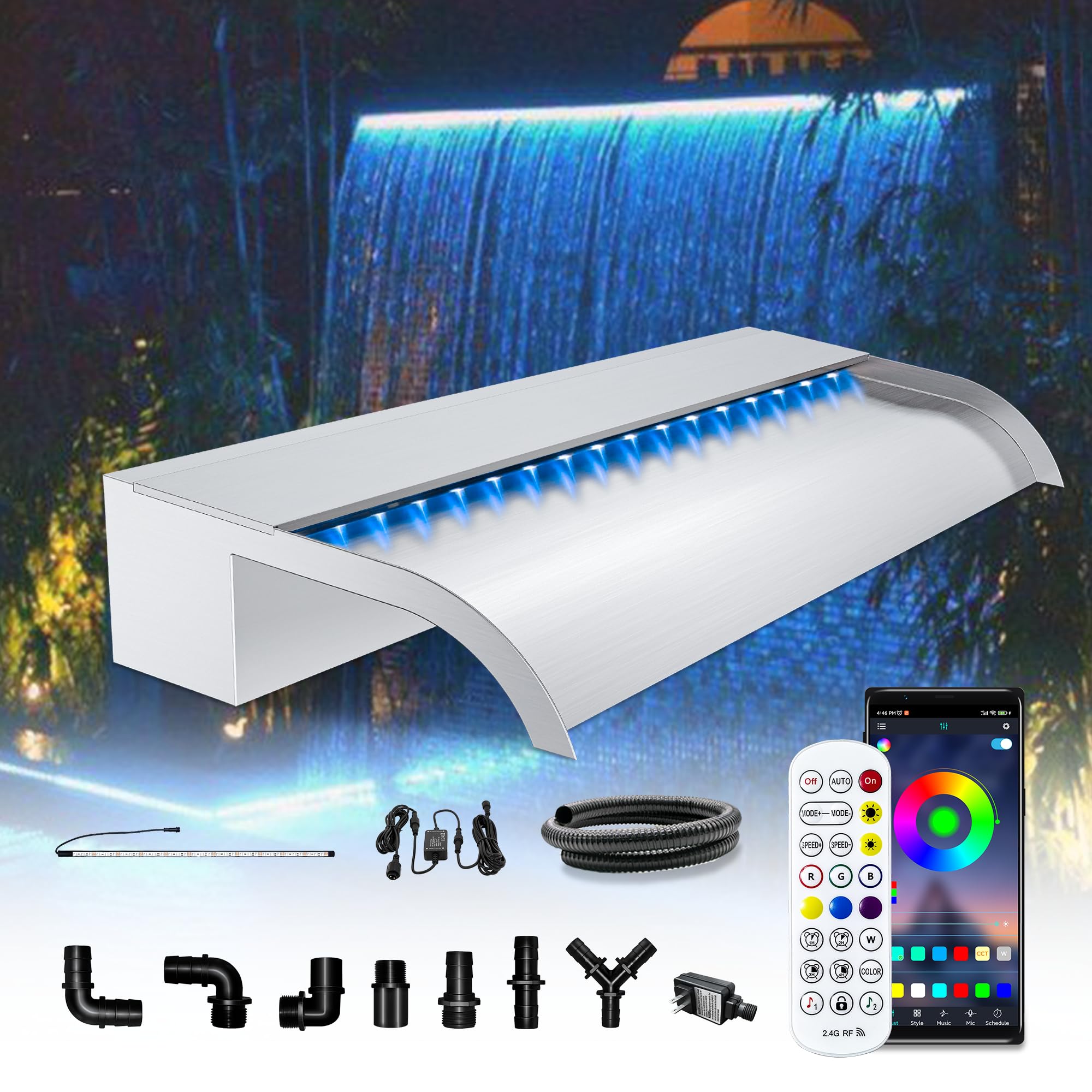 LONGRUN 60cm Pond Waterfall Blade, Complete Waterfall & Stream Kits for Outdoor Water Features Home Decor,Stainless Steel Curvd Pool Fountain with RGB Bluetooth LED Light