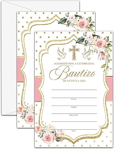 Invitaciones florales de bautismo, invitaciones de fiesta española de bautismo rosa rubor para niños y niñas, invitaciones de relleno de vegetación