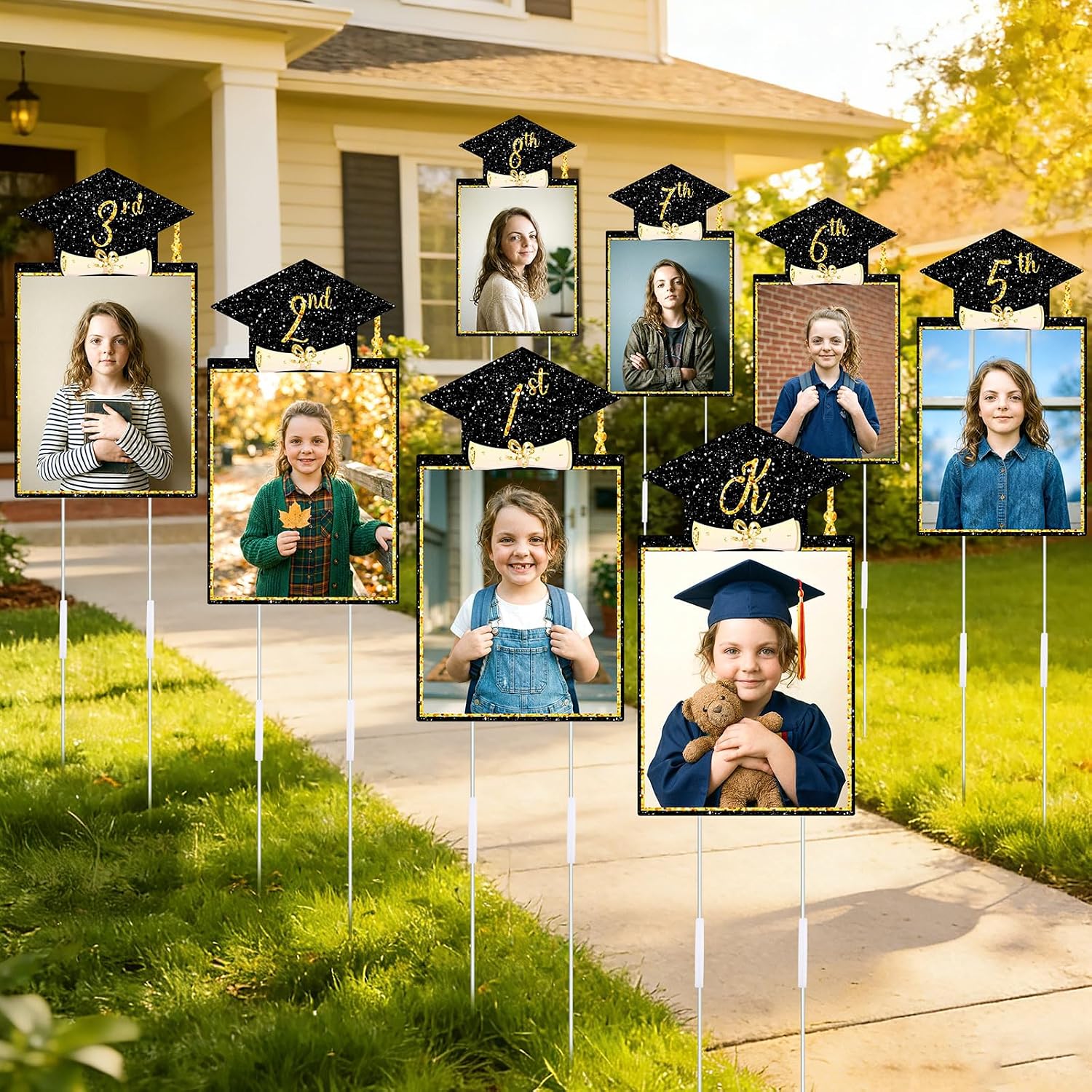 13 Pcs 37" K-12 Graduation Photo Yard Signs with Stakes, Double-Sided Class of 2026 Lawn Decor, Kindergarten to 12th Grade Picture Display, Outdoor Grad Party Walkway Yard Decoration (Gold)