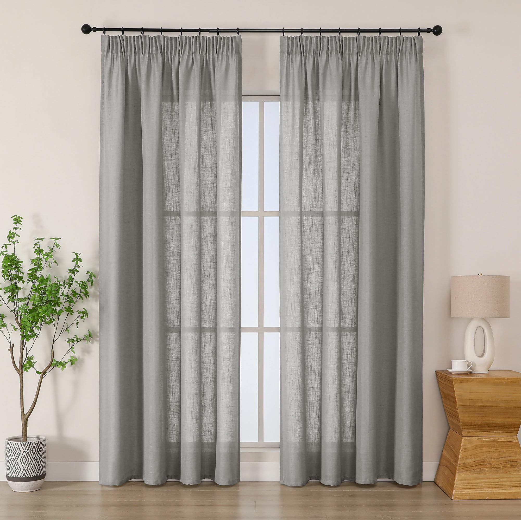 Simplebrand Charcoal Gray Linen Blend Pencil Pleat Curtains, Light Filtering Semi-Sheer Textured Window Drapes for Privacy, 2 Panels for Living Room, Patio Door & French Window, W140 x L220 cm