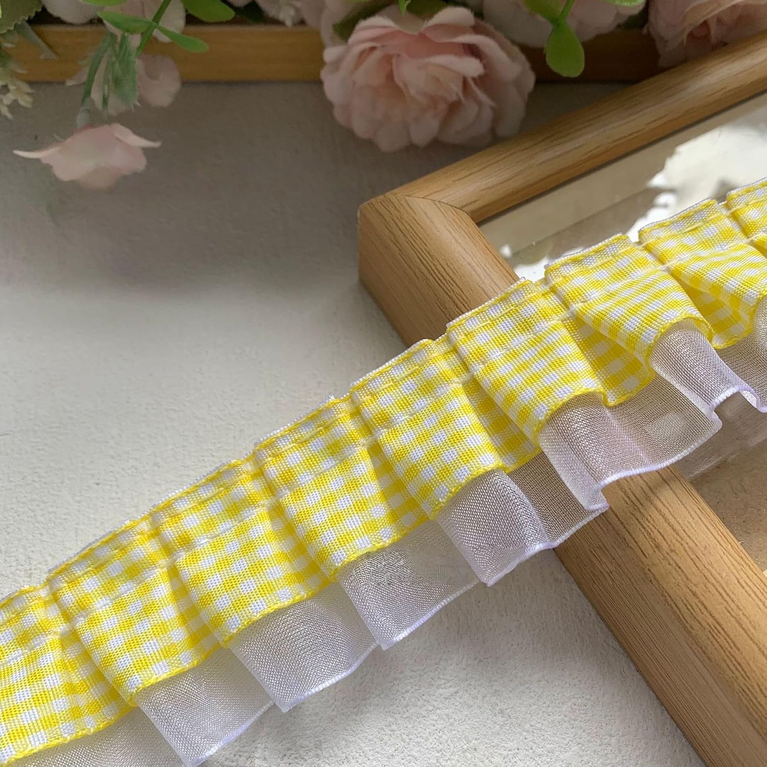 8 Yards Gingham Ruffle 2-Layer Pleated Edging Trimmings, Gingham Lace Ribbon Fabric Trims for Sewing Making Crafts Dress Curtain Wedding Costume Pillowcase Decor (Yellow)
