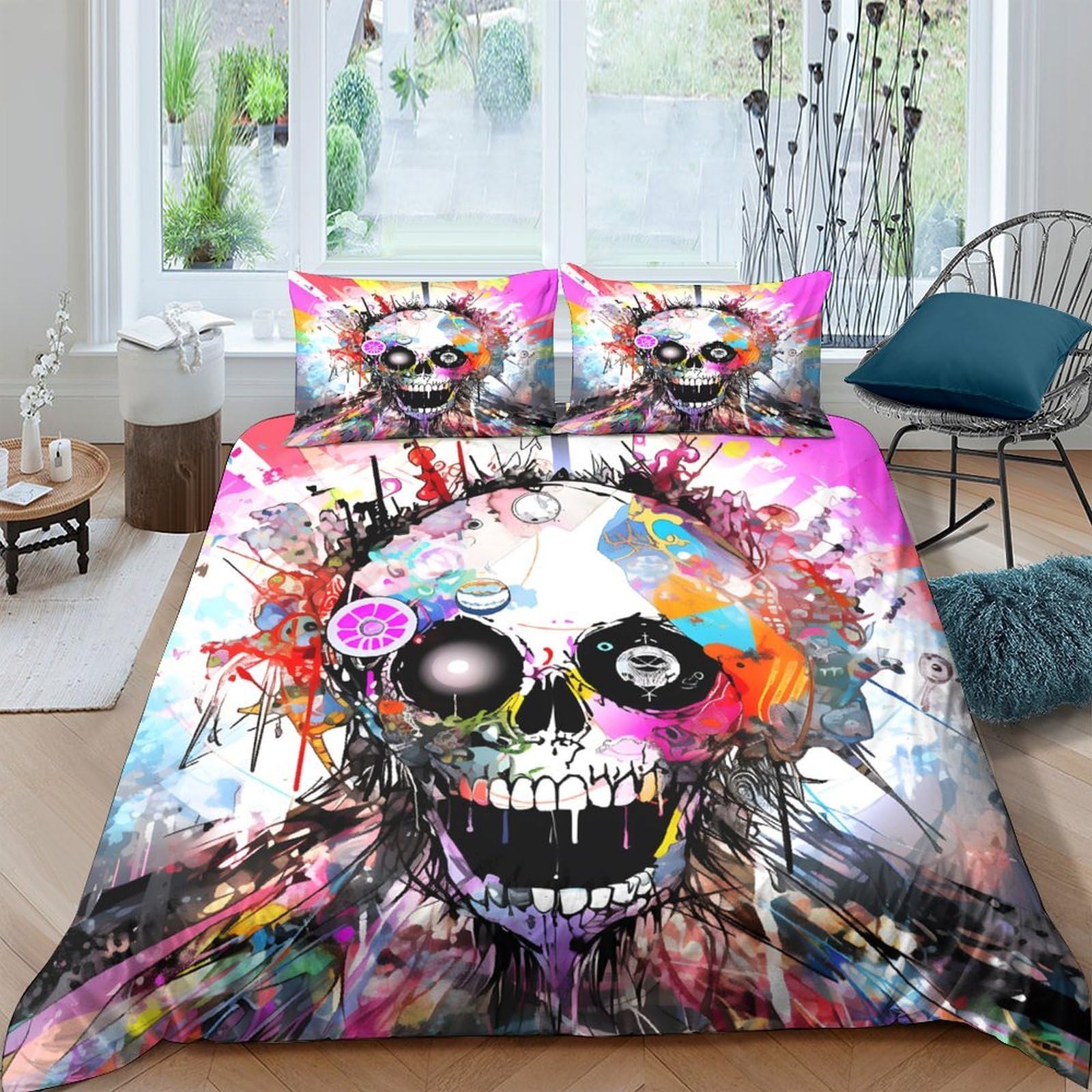 Ctjqhvkz Style-9 3D Printed Graffiti Skull Fitted Sheet Microfiber Vibrant Art Mattress Cover For Bedroom Dorm Decor Easy Care Single（135X200cm）