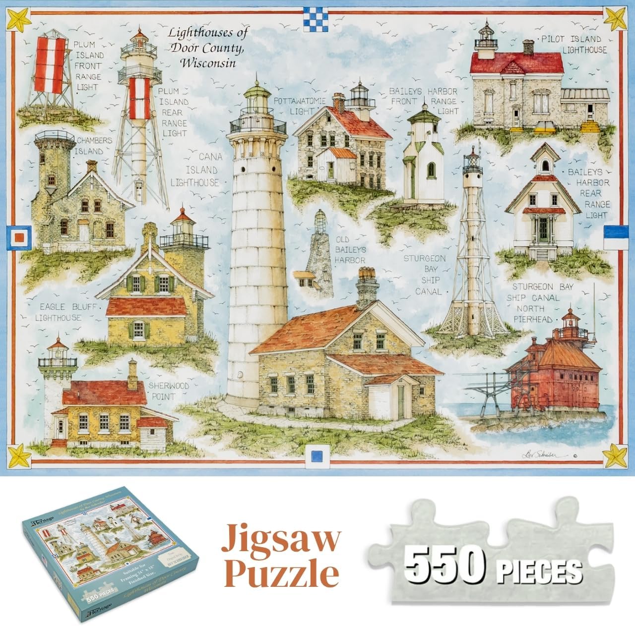 Heritage Puzzle - Lighthouses of Door County, Wisconsin by BEV Schreiber 550 Piece Puzzles for Adults - Scenic Coastal Art Jigsaw Puzzles - Frameable Jigsaw Puzzle 18"" x 24"" Finished Size