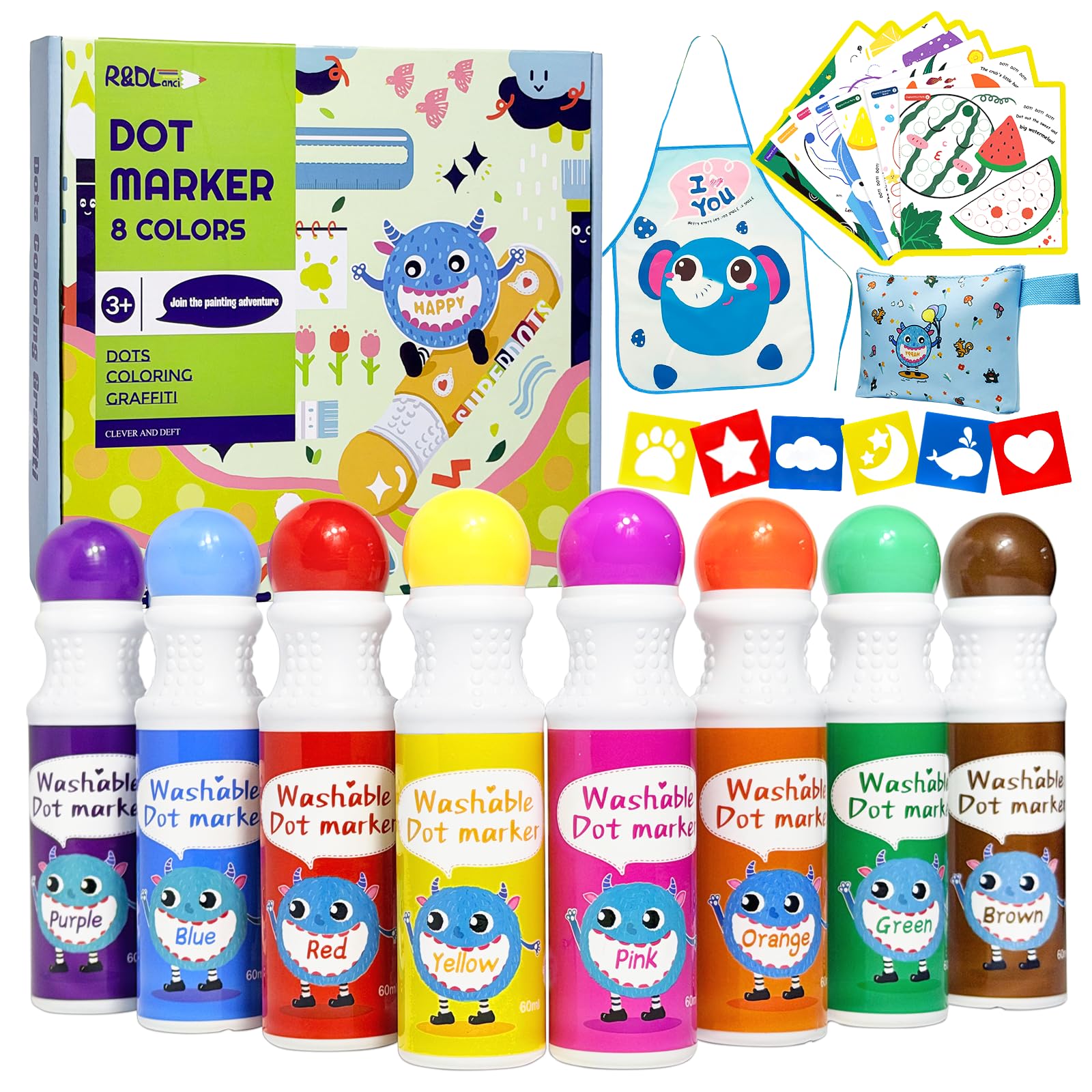 R&DLanci 28 PCS Washable Dot Markers for Toddlers 8 Colours Bingo Dabbers with 108 PDF & 12 Activity Papers