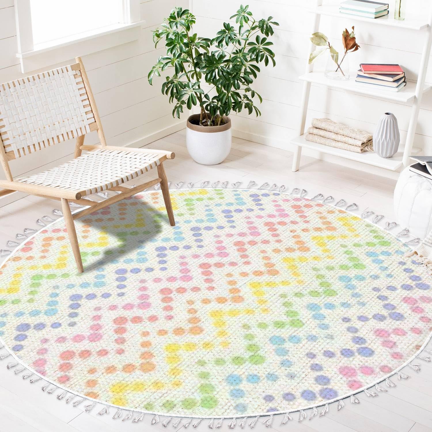 Round Boho Area Rug Rainbow Zigzag Pastel Colorful Lines from dots Kids Carpet with Tassels Meditation Rug Washable Hallway Floor Mat Runner Rugs for Bedroom Bathroom Playroom Nursery Decor 4 ft