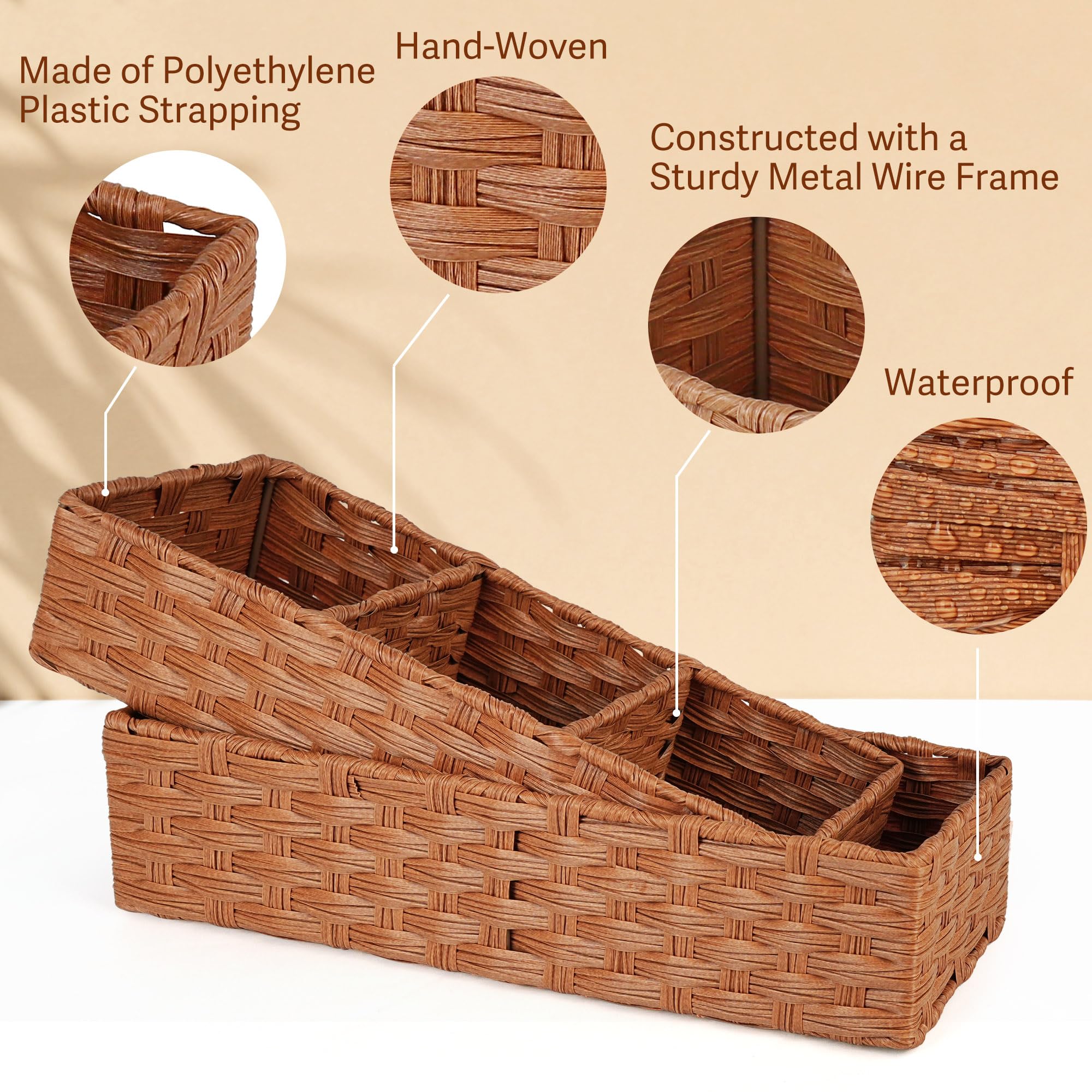 LotFancy Toilet Paper Storage Basket, 2 Pack Woven Toilet Tank Topper Basket, Back of Toilet Storage Basket, Rustic Farmhouse Bathroom Décor, Brown